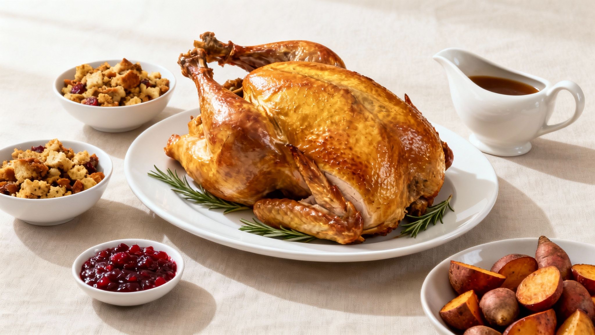 A golden roasted turkey centerpiece on a white platter surrounded by various holiday side dishes.