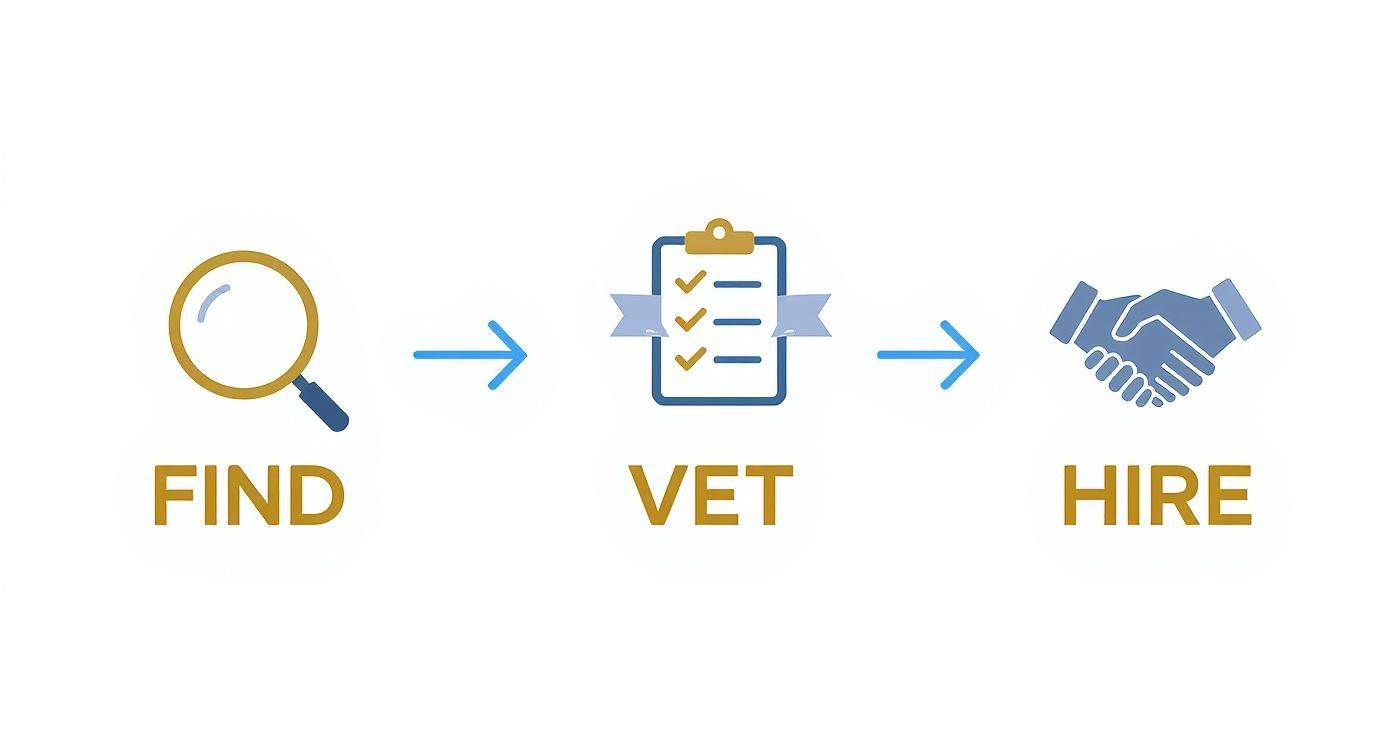 An illustration showing a three-step hiring process: find (magnifying glass), vet (checklist), and hire (handshake).