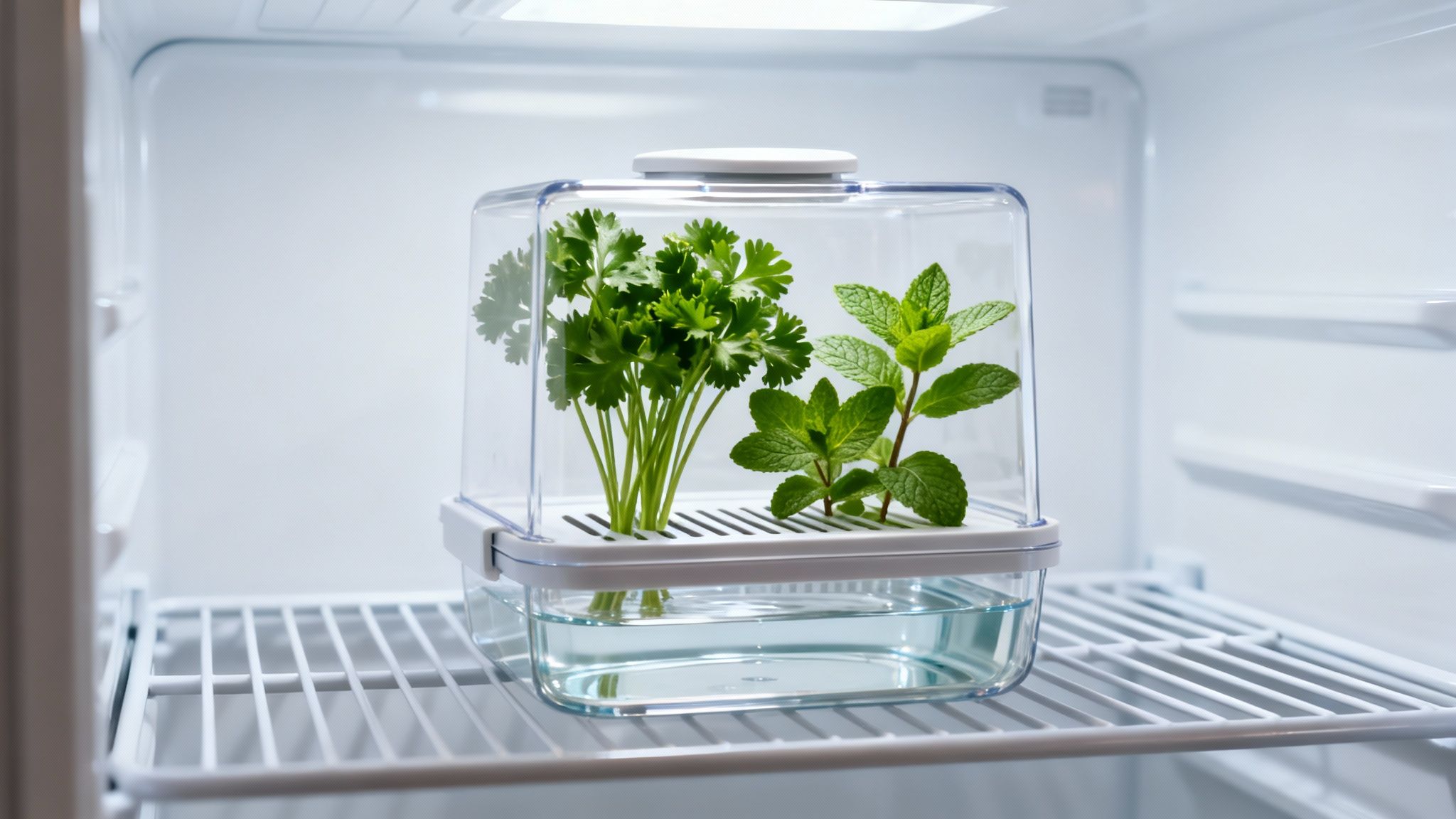 Fresh parsley and mint herbs are stored upright in a clear water-filled herb keeper inside a clean refrigerator.