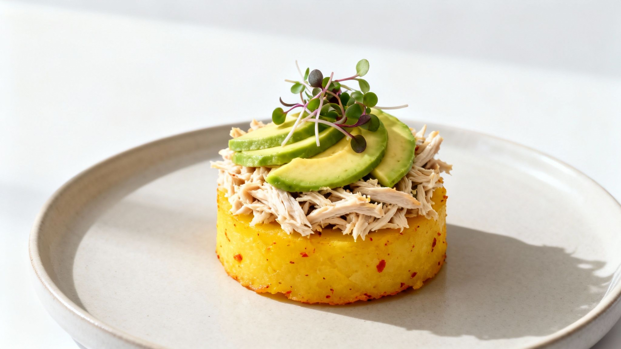 A vibrant Peruvian causa rellena with shredded chicken, sliced avocado, and fresh microgreens on a white plate.
