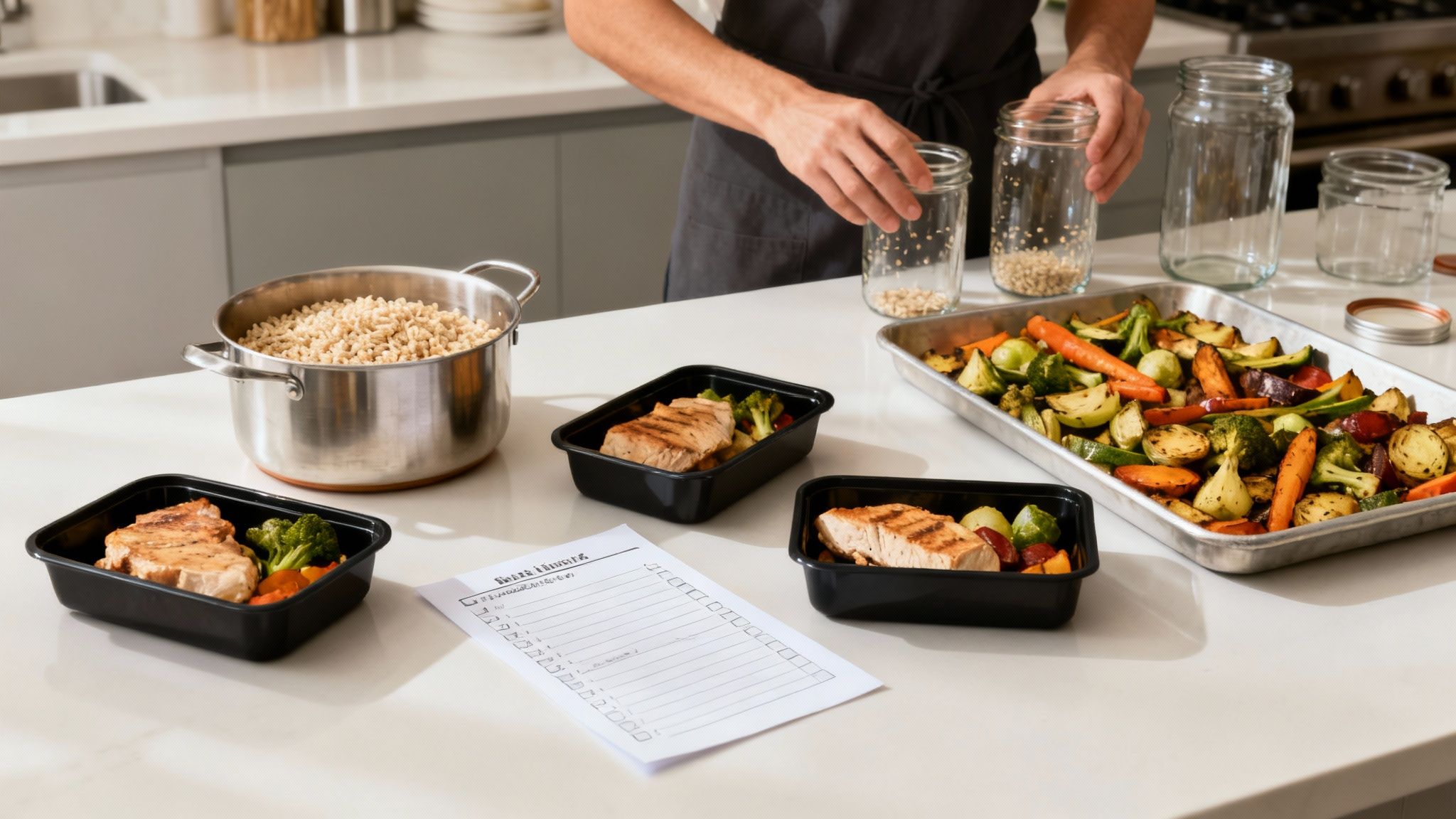 Person preparing weekly meal prep containers with grilled chicken, roasted vegetables, and grains in kitchen