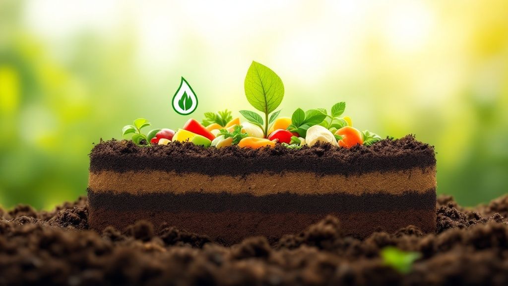Layered soil block with vibrant vegetables and green plants, symbolizing composting and organic waste processing for sustainable food practices.