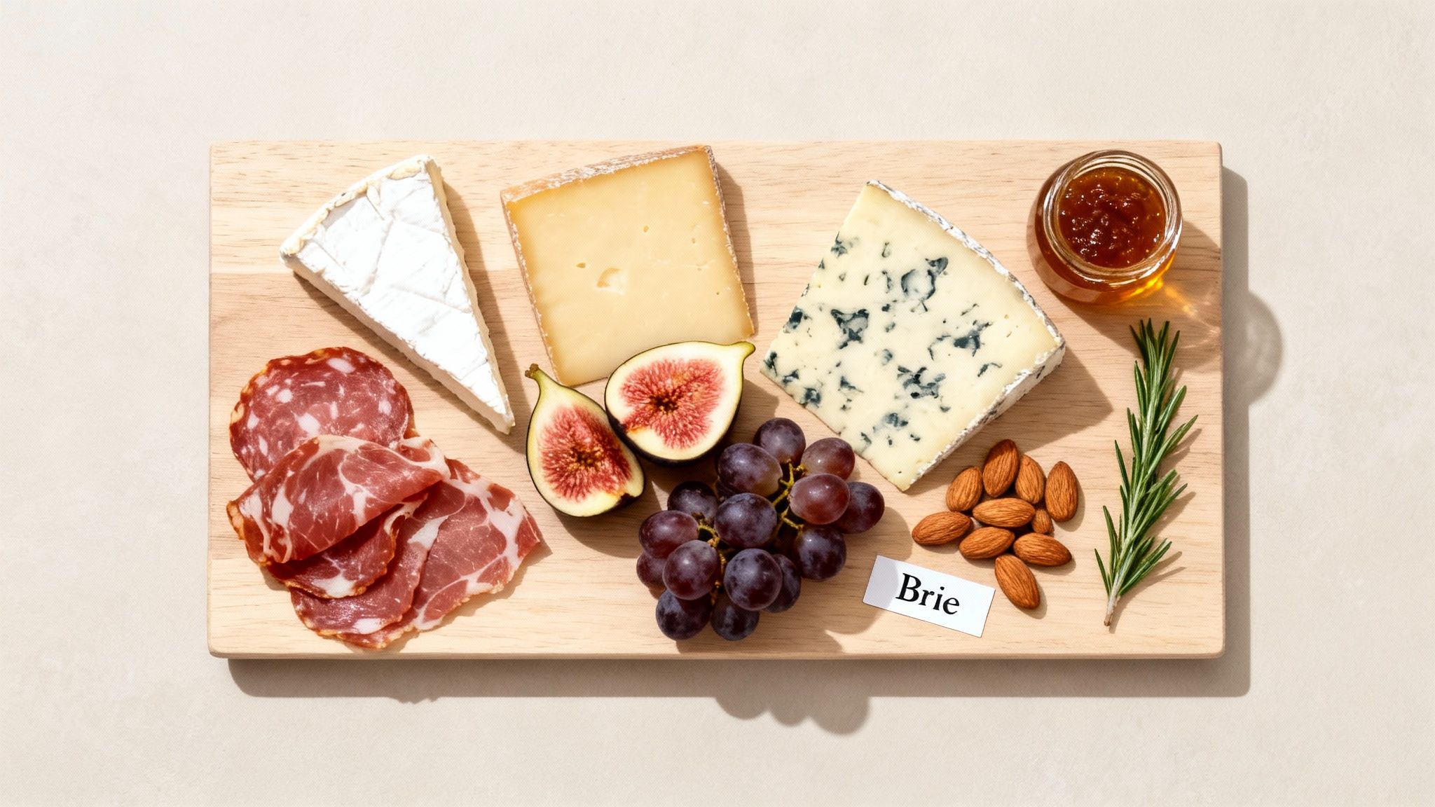 A gourmet cheese and charcuterie board featuring brie, blue cheese, cured meats, figs, grapes, almonds, and jam.