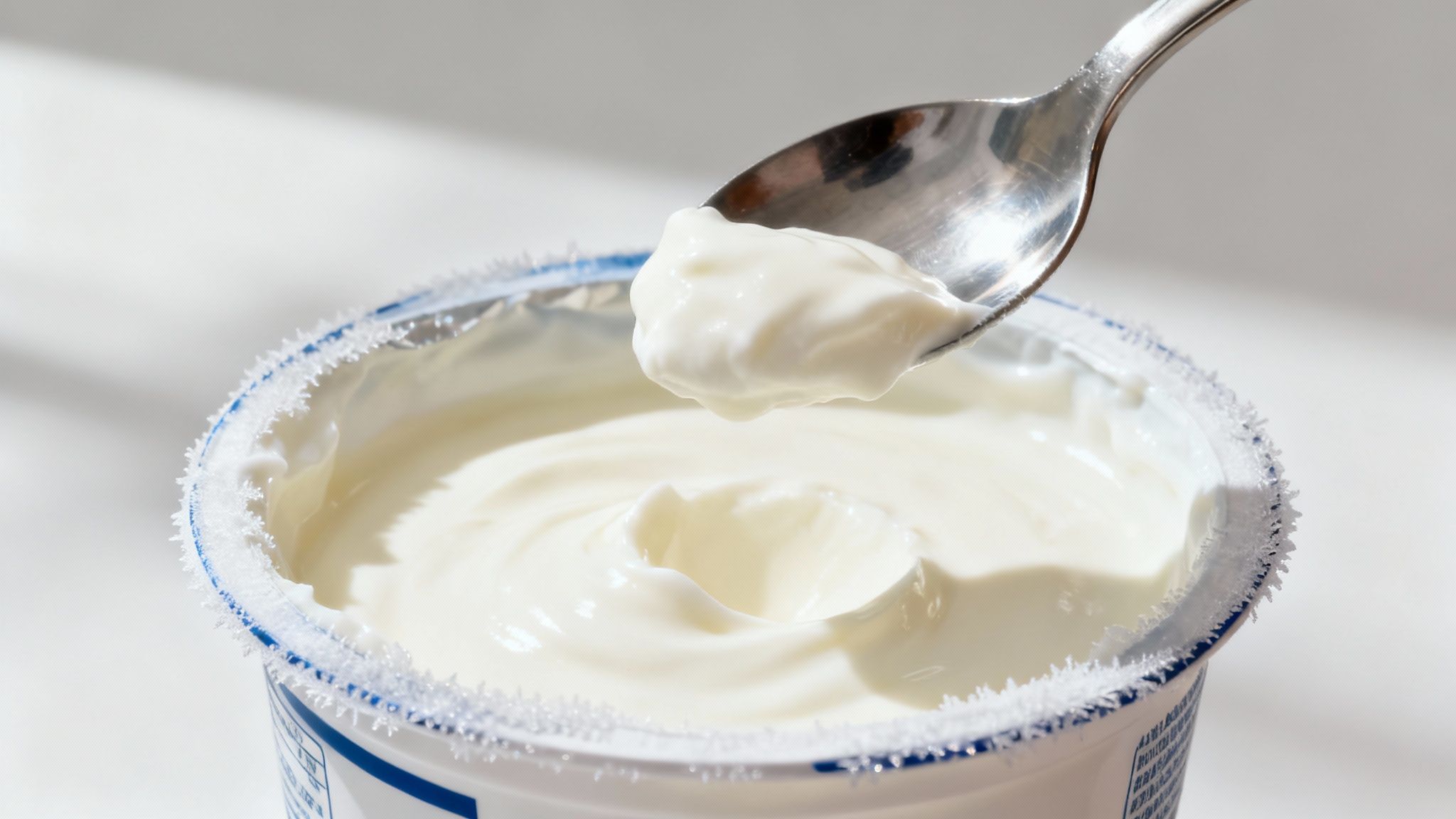 A container of Greek yogurt with a spoon, partially frozen, illustrating the texture change.