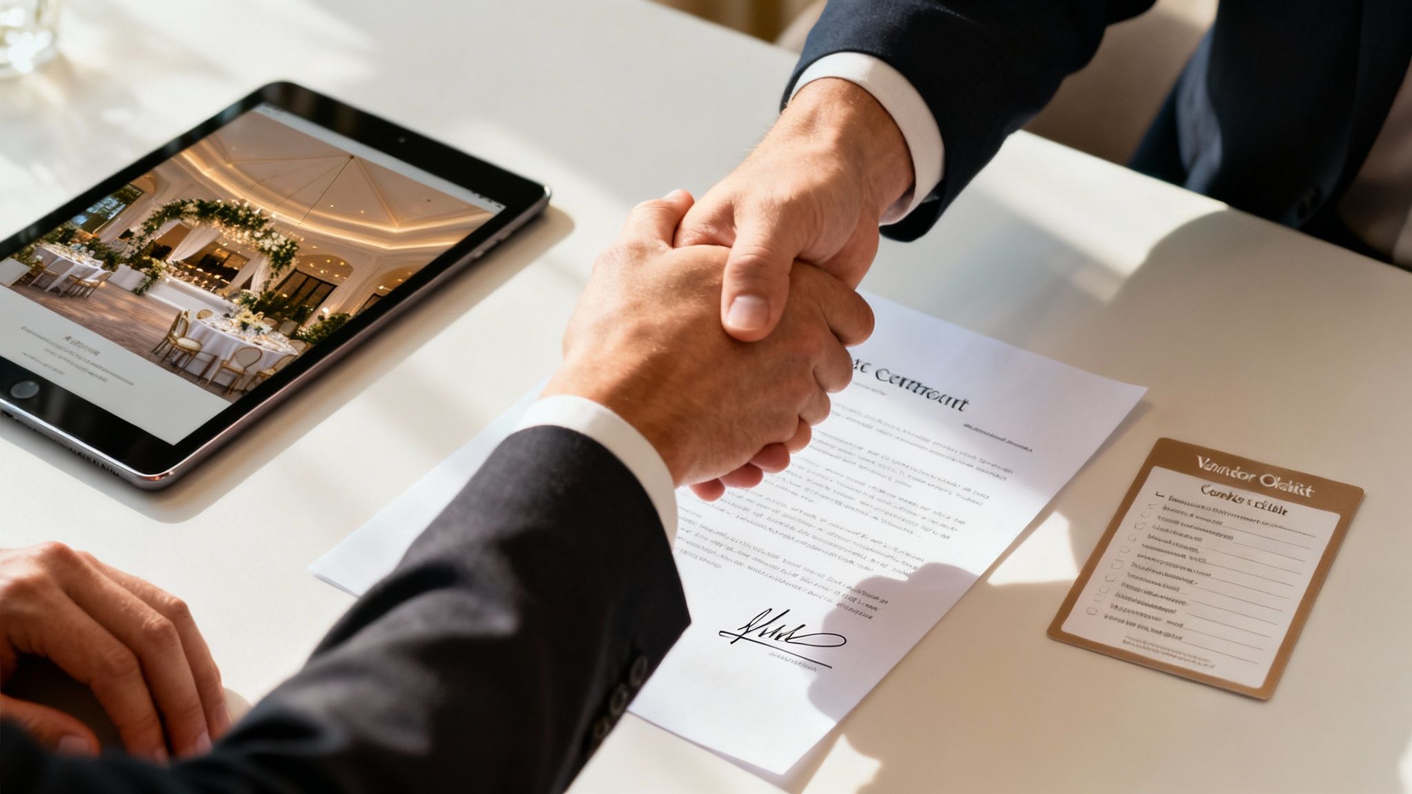Business people shaking hands over a contract, with an event planning tablet and vendor checklist on the table.