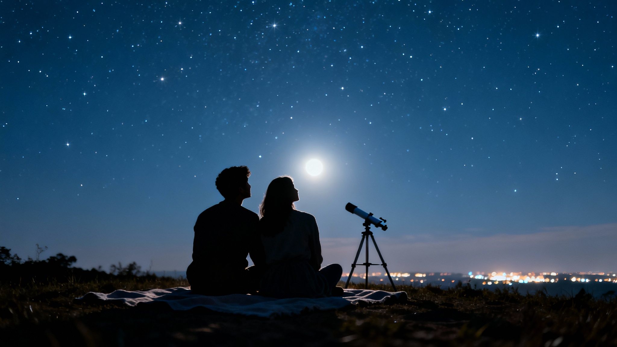 Silhouette of a couple stargazing at the full moon and stars with a telescope.