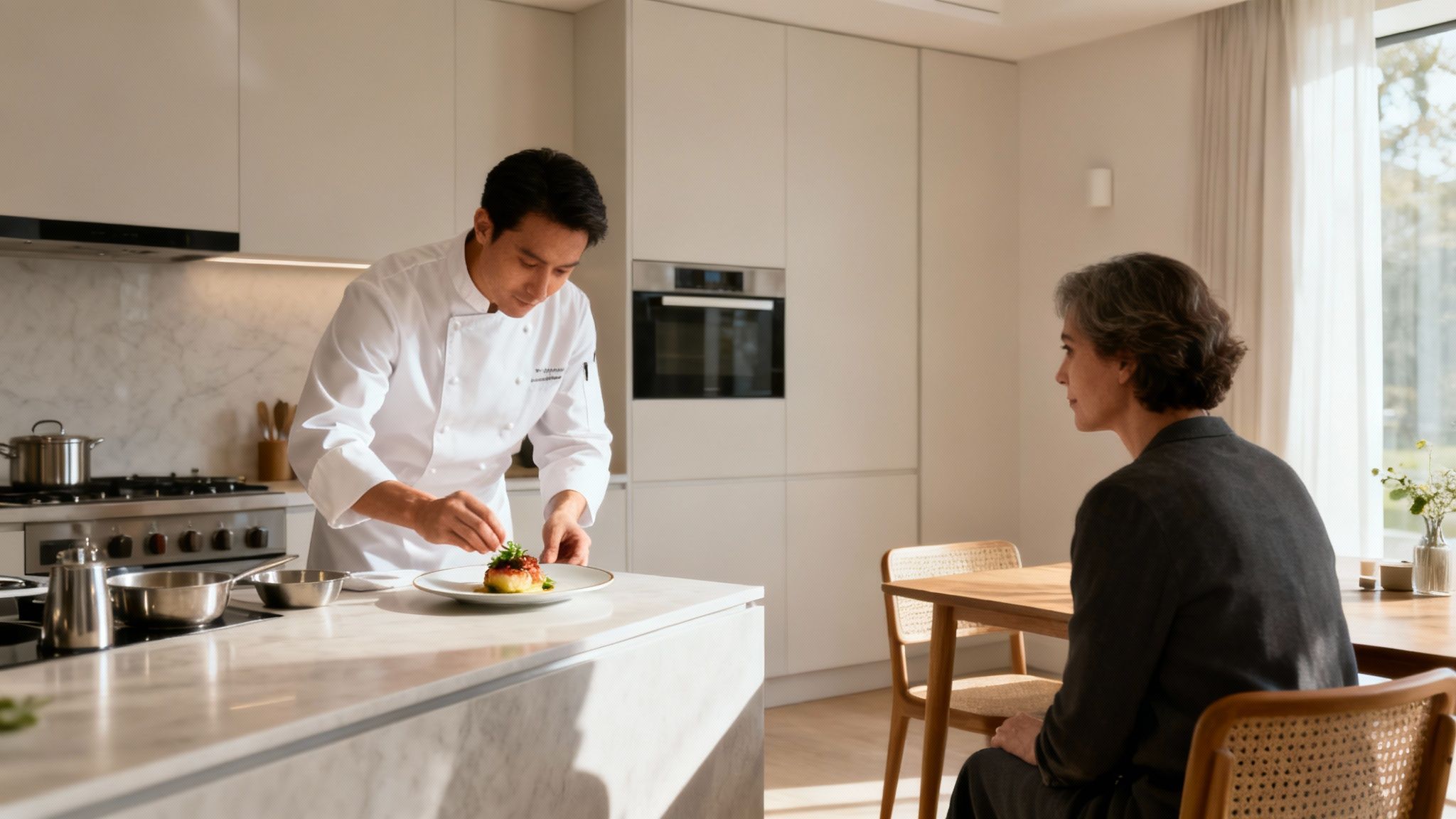 Professional chef in white uniform plating gourmet dish while client watches in modern kitchen