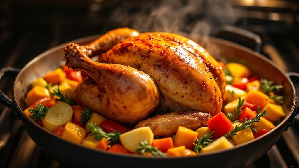 Roasted chicken surrounded by colorful vegetables in a roasting pan, showcasing a flavorful meal preparation, relevant to culinary techniques and pan care tips.