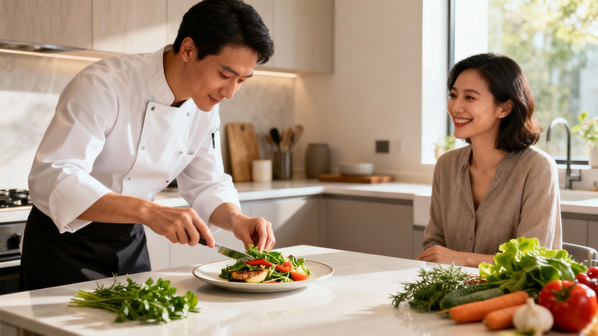 A male chef plates a healthy salad for a smiling woman in a bright, modern kitchen.