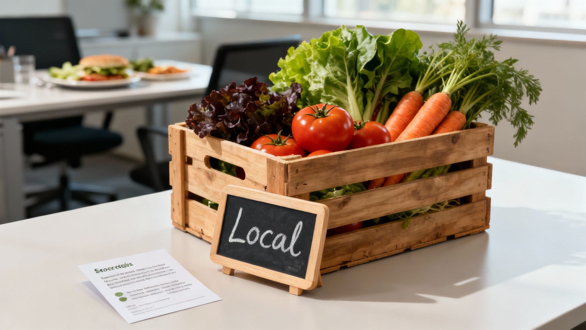 Wooden crate filled with fresh local vegetables including tomatoes, carrots, and lettuce on kitchen counter