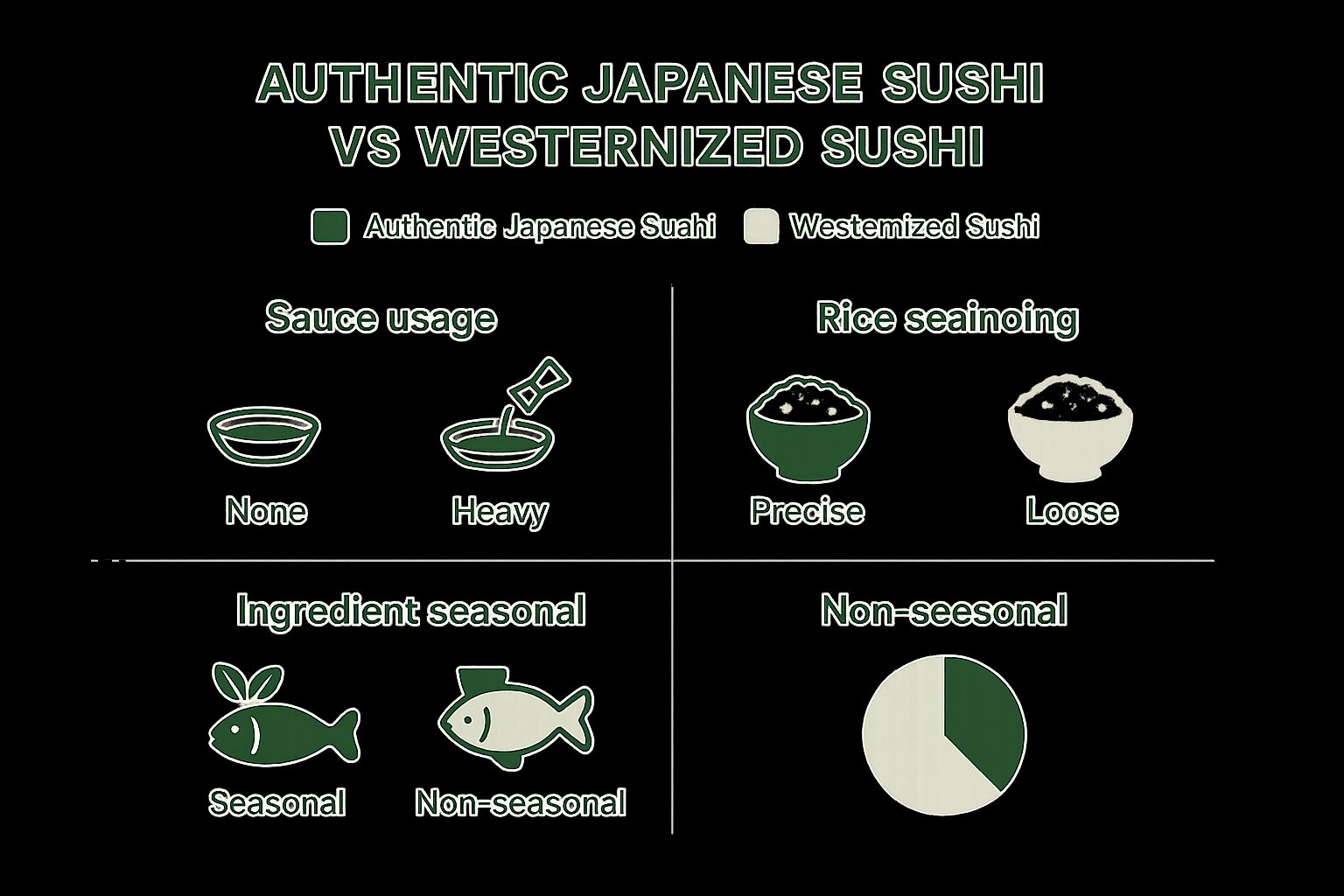 Infographic comparing sauce usage, rice seasoning precision, and ingredient seasonality between authentic and Westernized sushi.