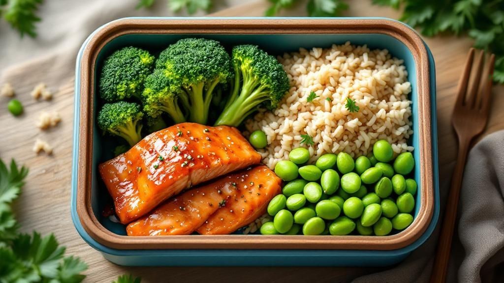 Bento box featuring grilled salmon, steamed broccoli, brown rice, and edamame, highlighting a balanced meal prep approach inspired by Japanese cuisine.