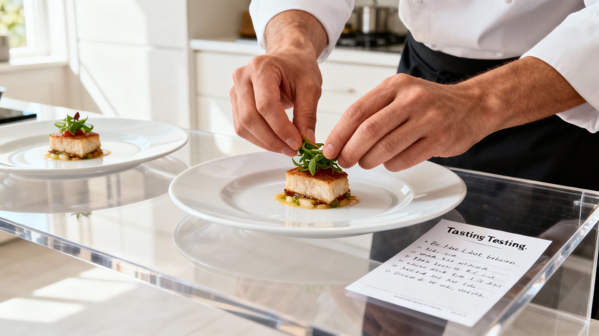 A chef's hands carefully garnish a beautifully plated gourmet dish with fresh green herbs.