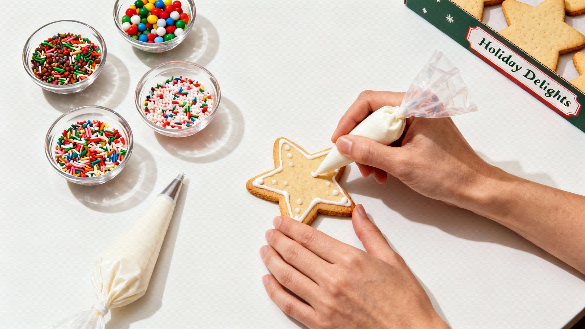 Hands decorating a star-shaped holiday cookie with white icing, next to bowls of colorful sprinkles.