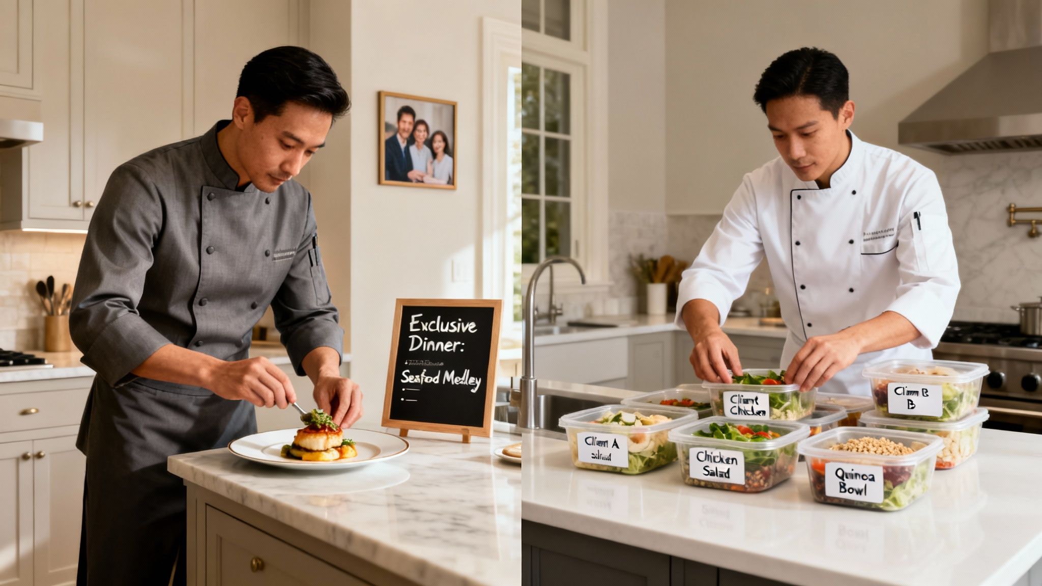 Two chefs in a kitchen, one plating a gourmet meal and the other packaging prepared meals.