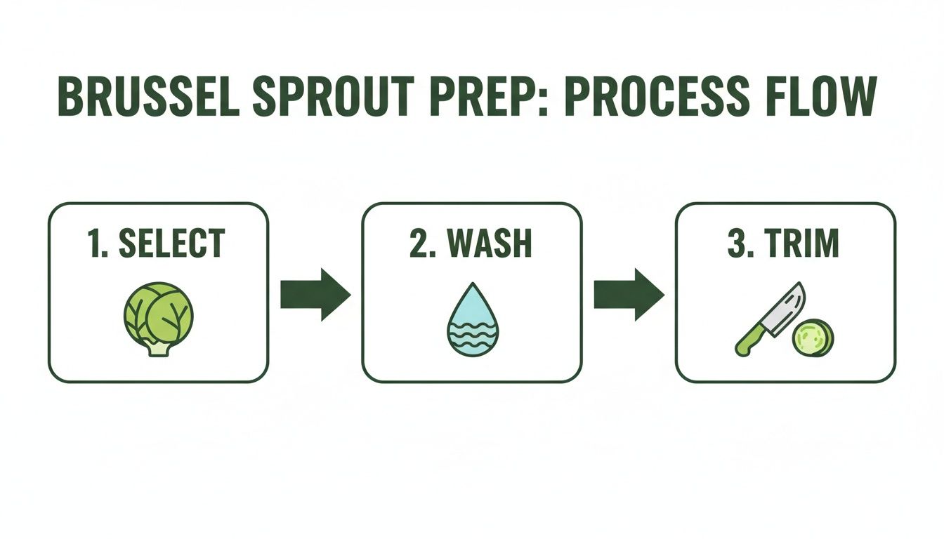 A three-step process flow diagram showing how to prep brussel sprouts: select, wash, then trim.