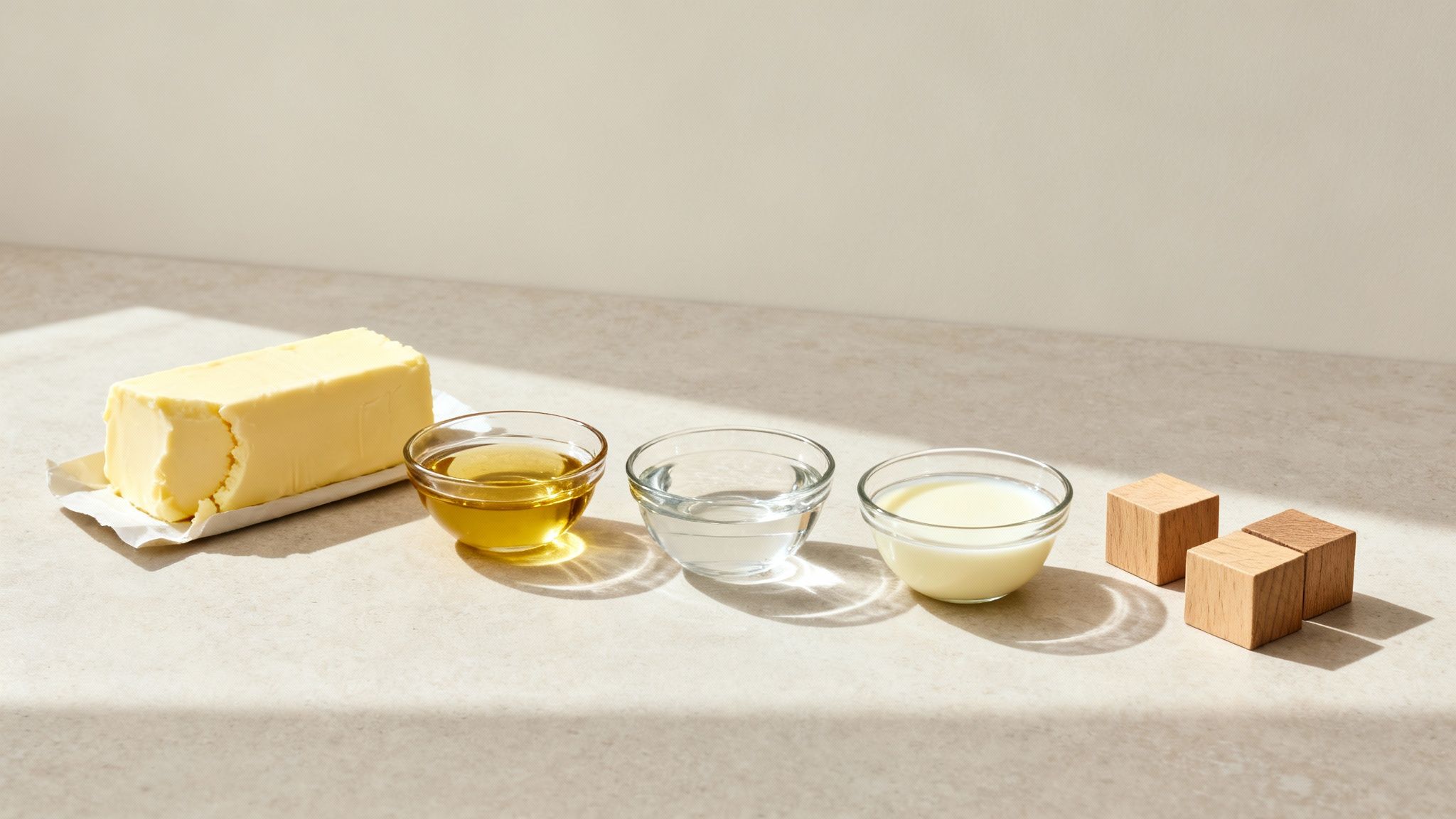 A stick of butter, clear bowls with oil, water, and milk, and wooden cubes on a countertop.