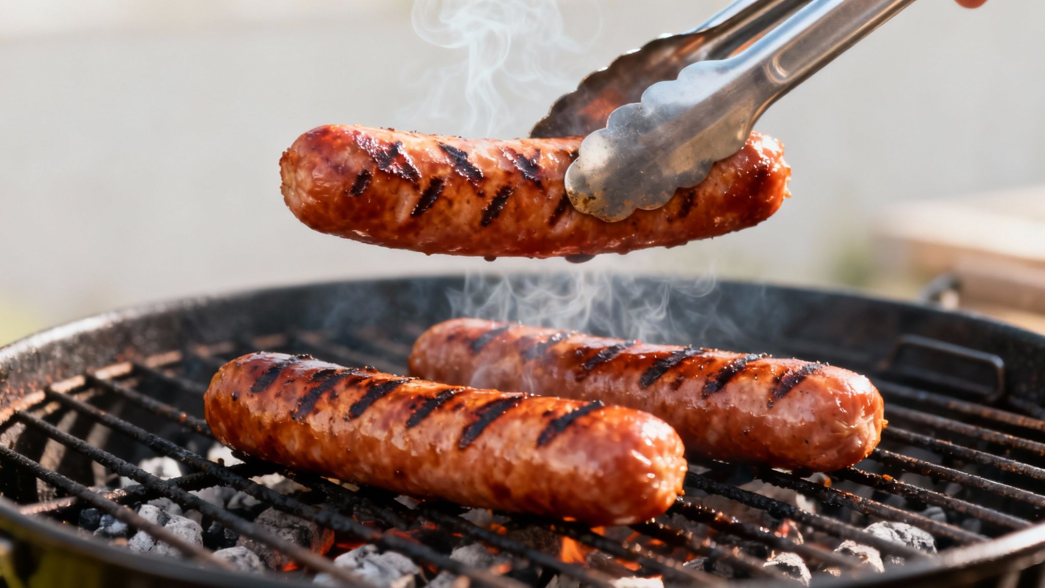 Smoked sausages getting grill marks on a barbecue grill