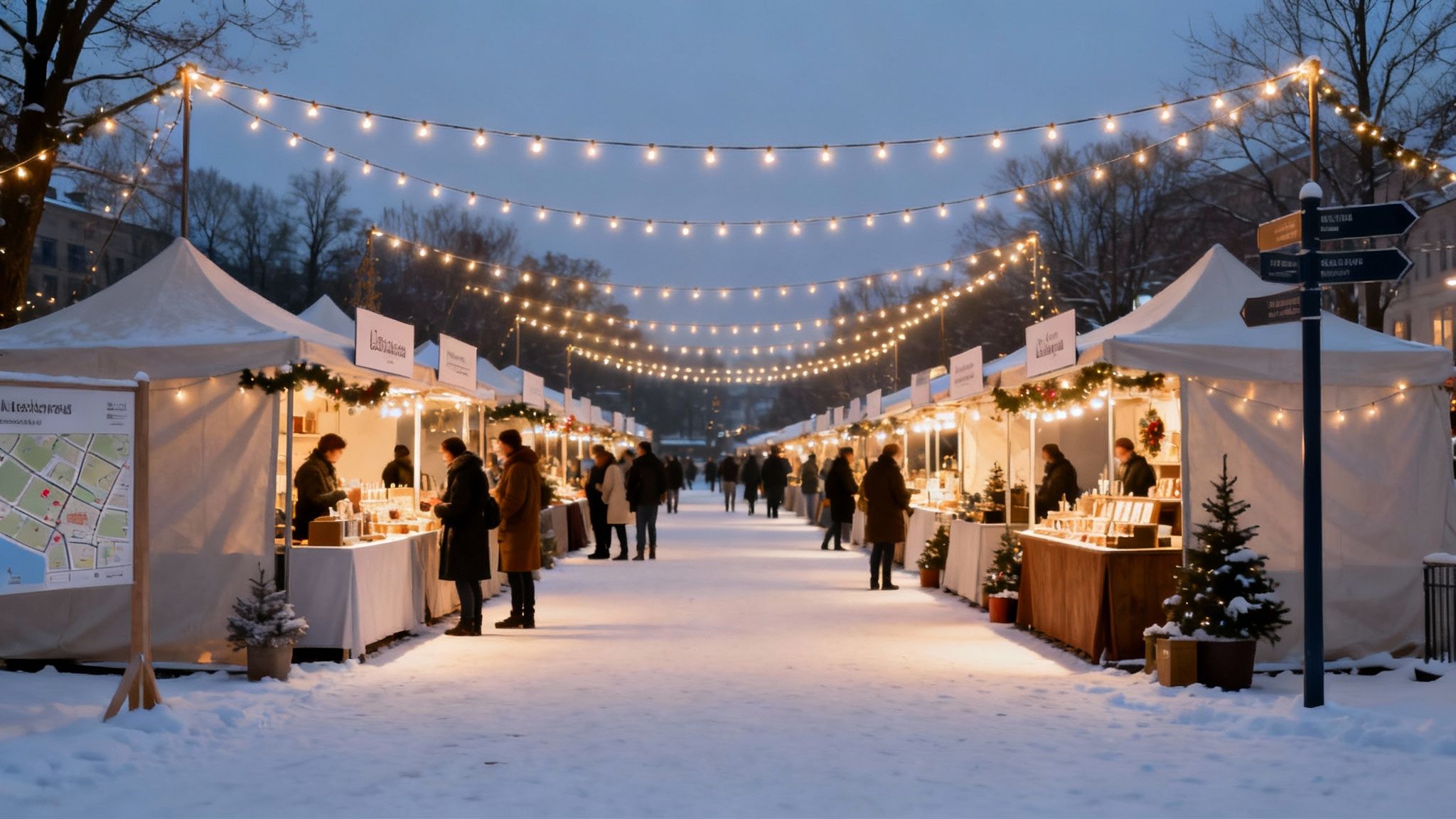 Winter Christmas market with white vendor tents, string lights, and people shopping in snowy evening
