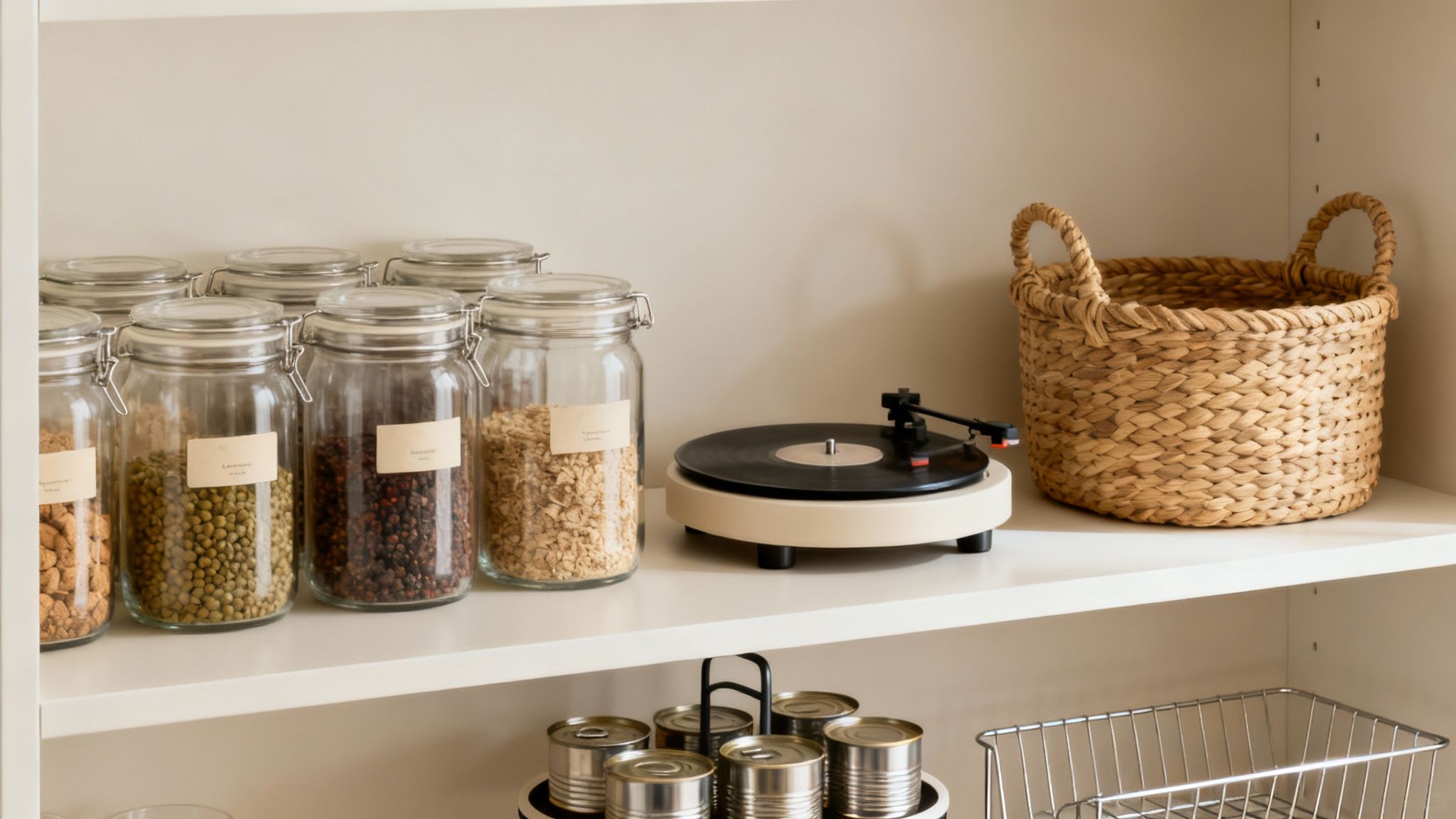 Clear and woven containers organizing food items on white pantry shelves.
