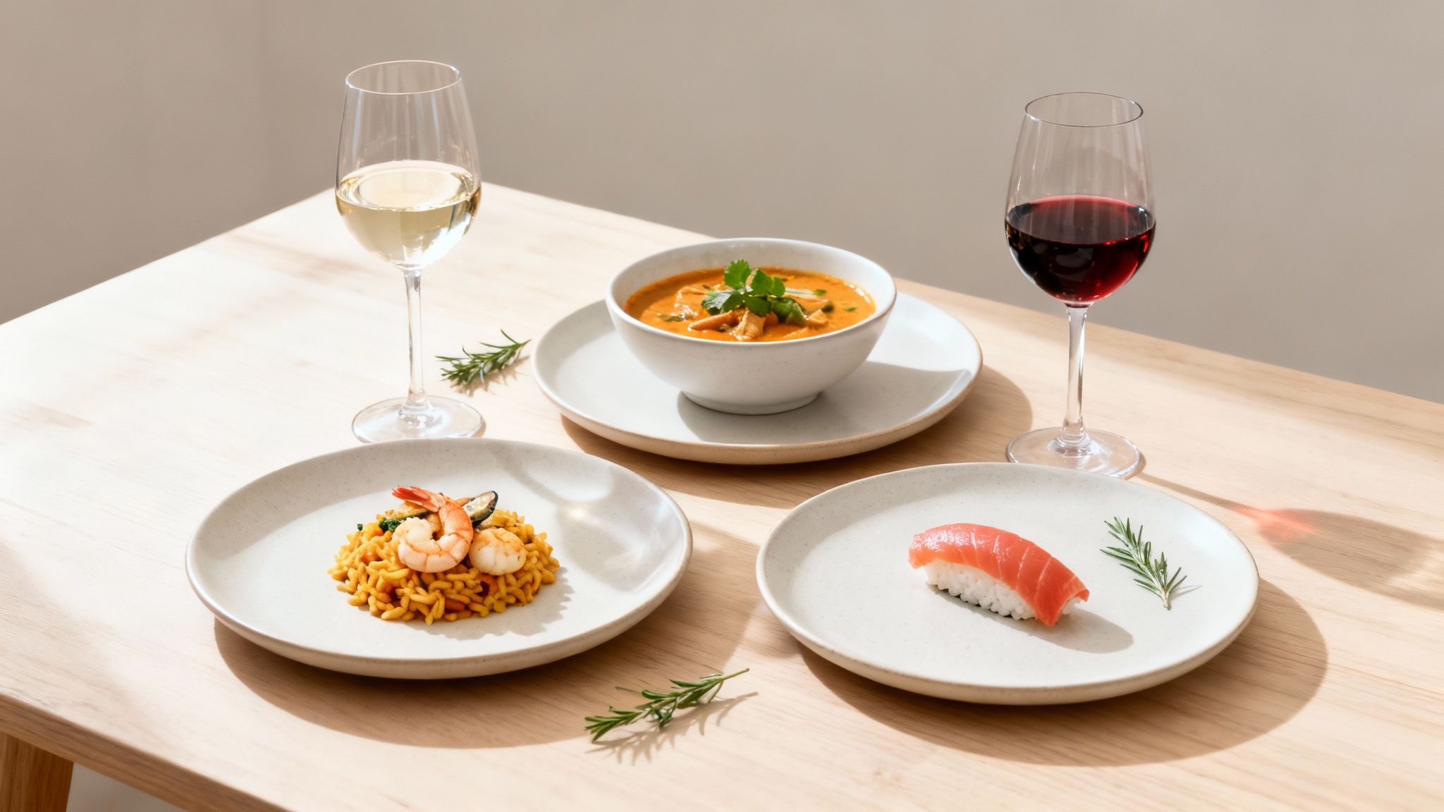 Table set with diverse dishes: shrimp risotto, creamy soup, tuna sushi, and red and white wine.