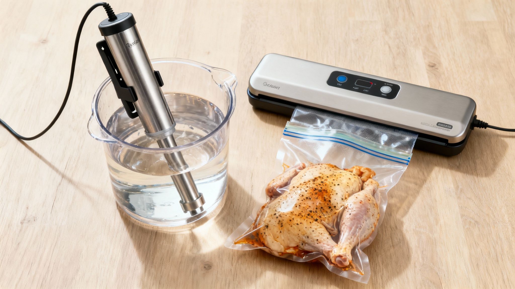 A sous vide immersion circulator clamped to the side of a clear container filled with water, with a sealed bag of food submerged.