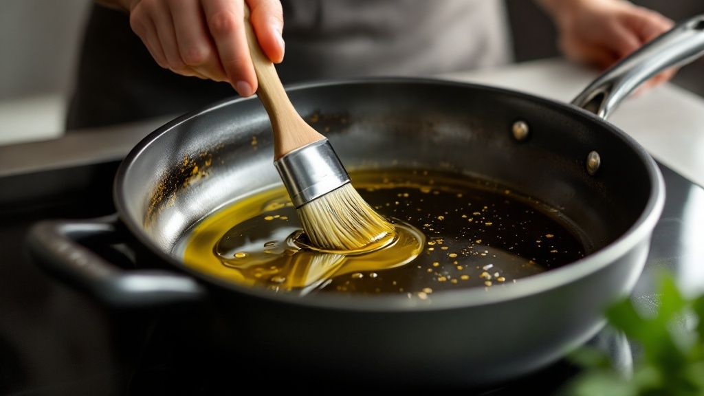 Person brushing oil in a black non-stick frying pan, preparing for roasting or cooking, emphasizing the importance of proper preparation for achieving a crispy crust.