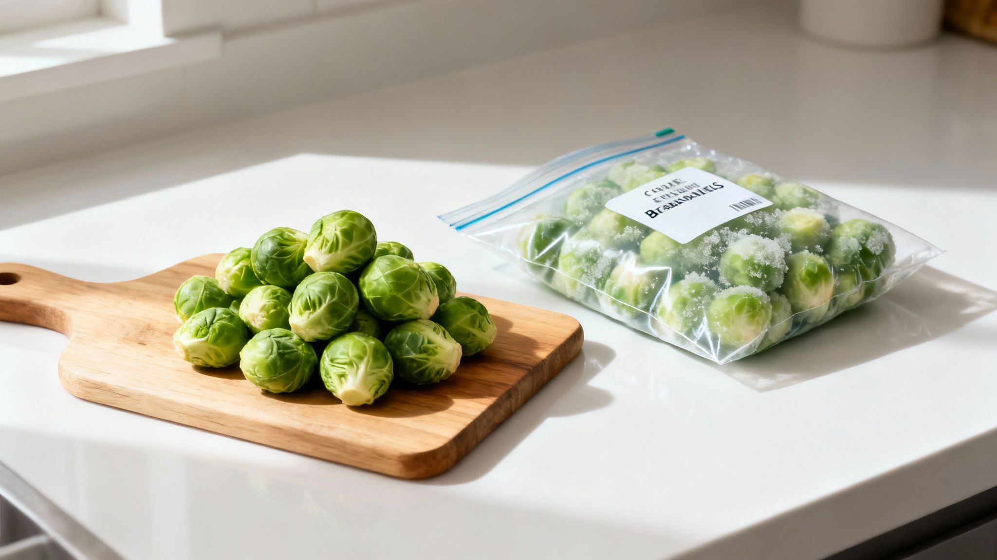 Fresh brussels sprouts on a wooden cutting board next to a bag of frozen brussels sprouts.