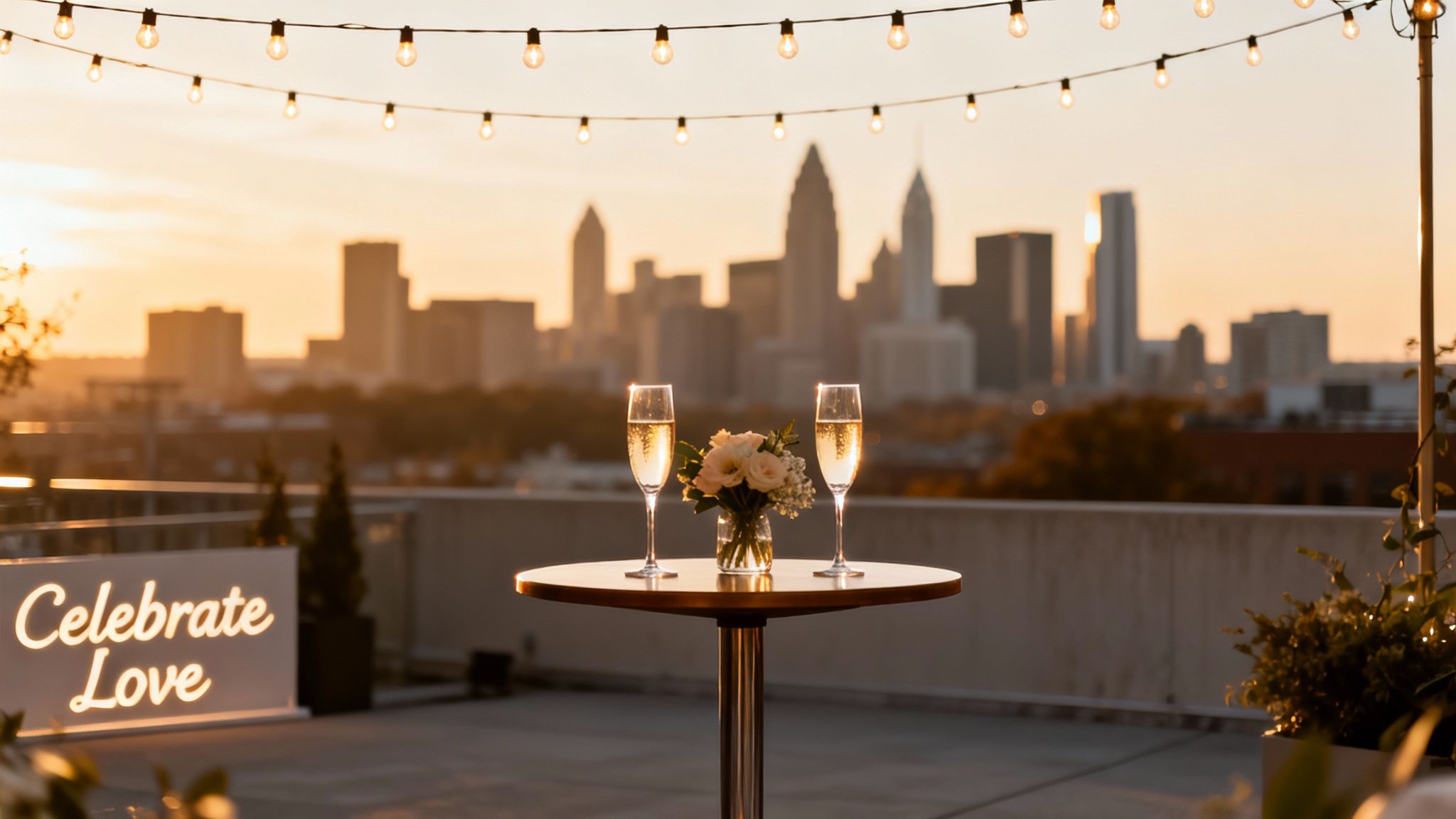 Romantic rooftop sunset with champagne glasses, flowers, and a cityscape view, perfect for an engagement.