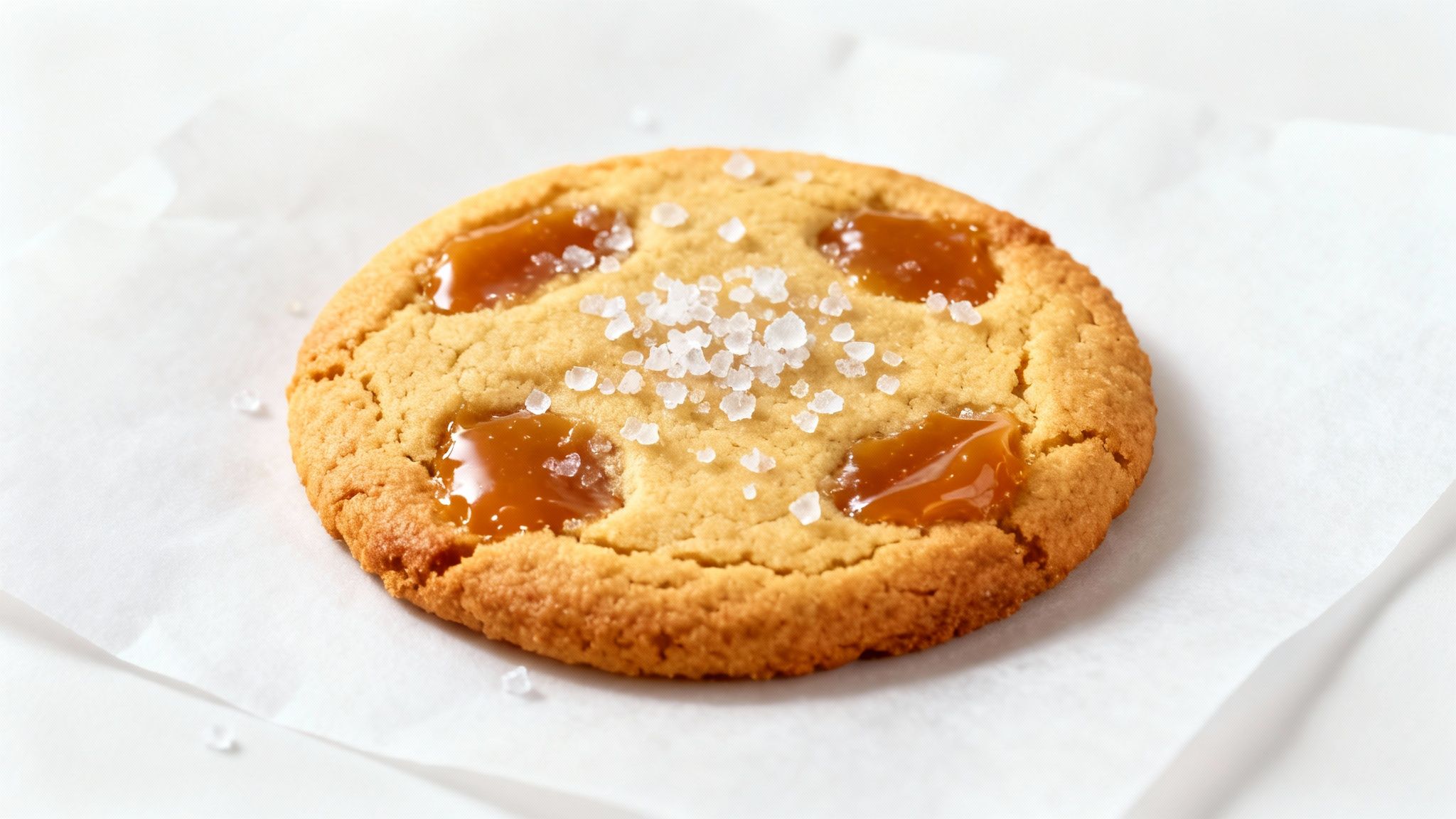 A golden-brown salted caramel cookie with sea salt flakes on white parchment paper.