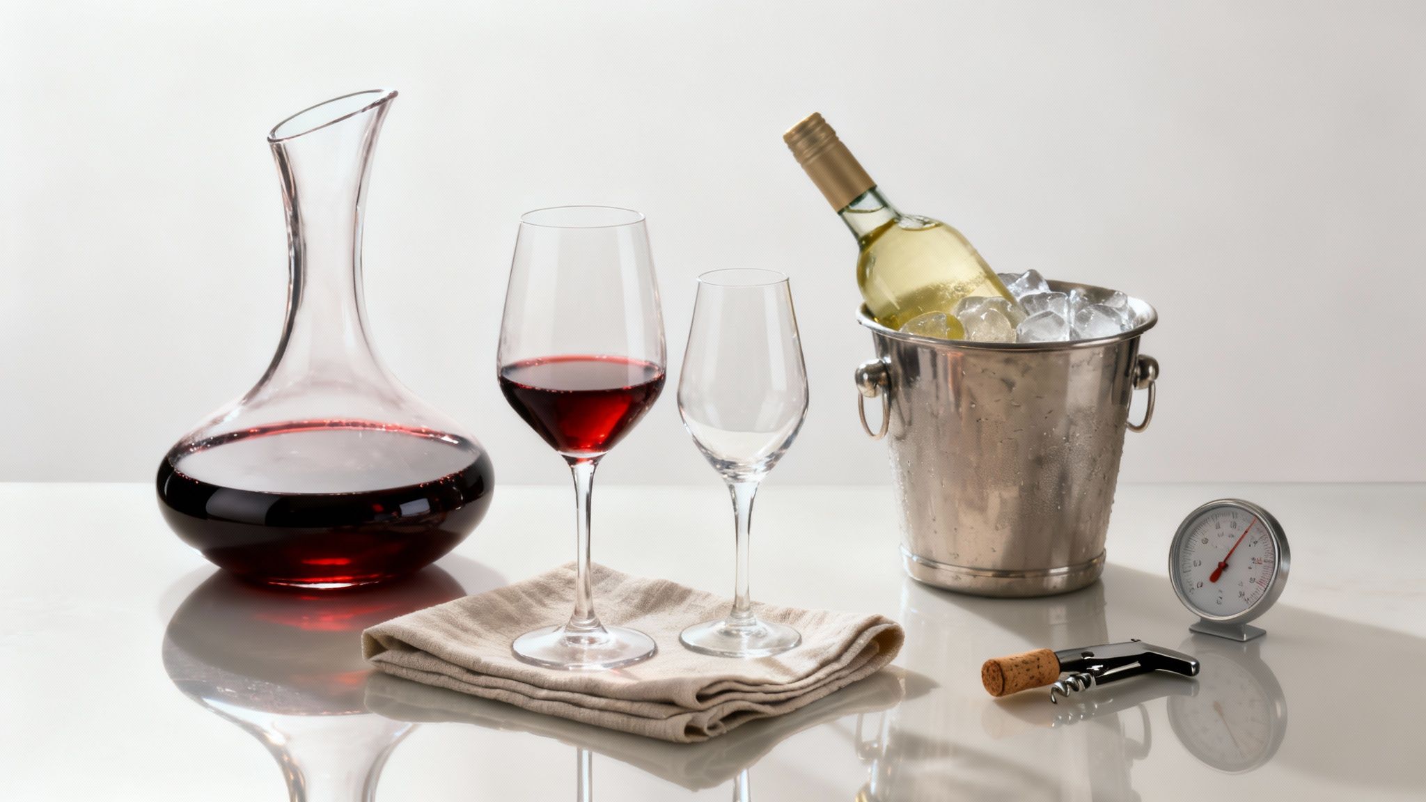 Red and white wine setup with decanter, glasses, ice bucket, corkscrew, and thermometer on a table.