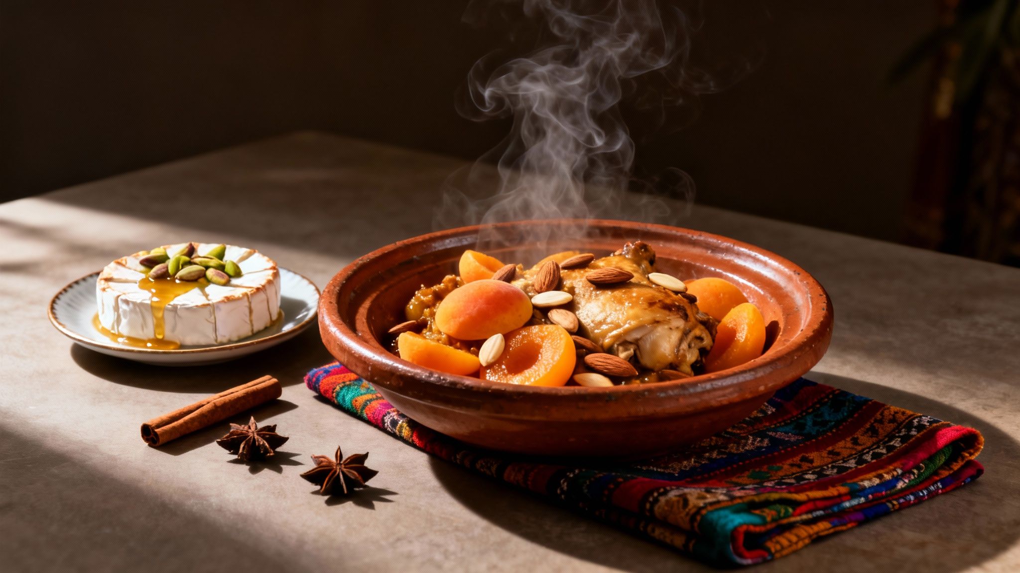 Steaming chicken tagine with apricots, almonds, and a side of cheese with honey and pistachios.