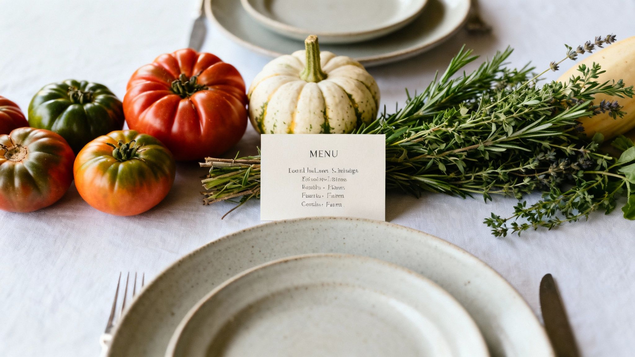Autumnal dining table decorated with colorful heirloom tomatoes, a white pumpkin, aromatic herbs, and a menu.