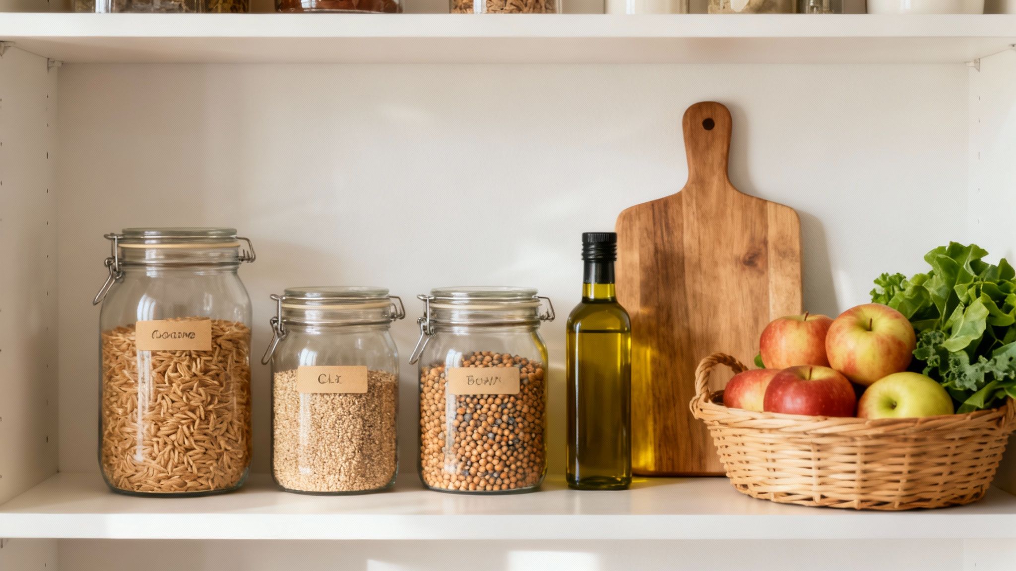 A clean, modern kitchen with a large island filled with fresh produce like leafy greens, bell peppers, avocados, and a bowl of quinoa.