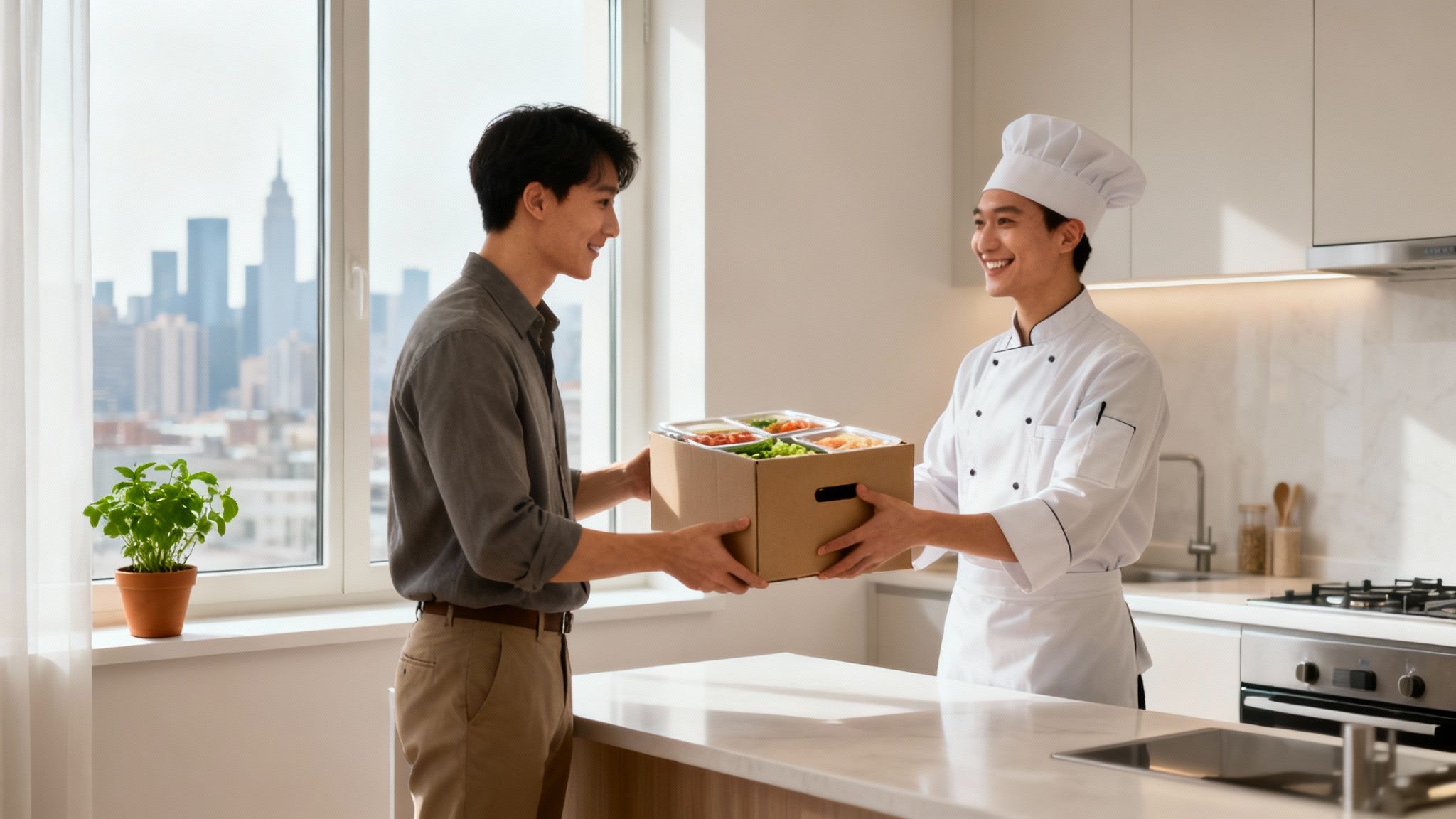 Chef carefully arranging food on a plate in a bright kitchen