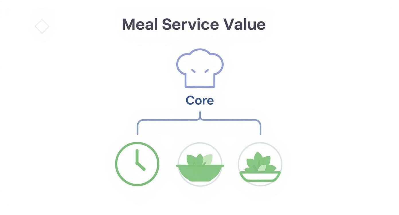 Diagram illustrating meal service value with a chef's hat as the core, branching to icons representing time, fresh ingredients, and variety.