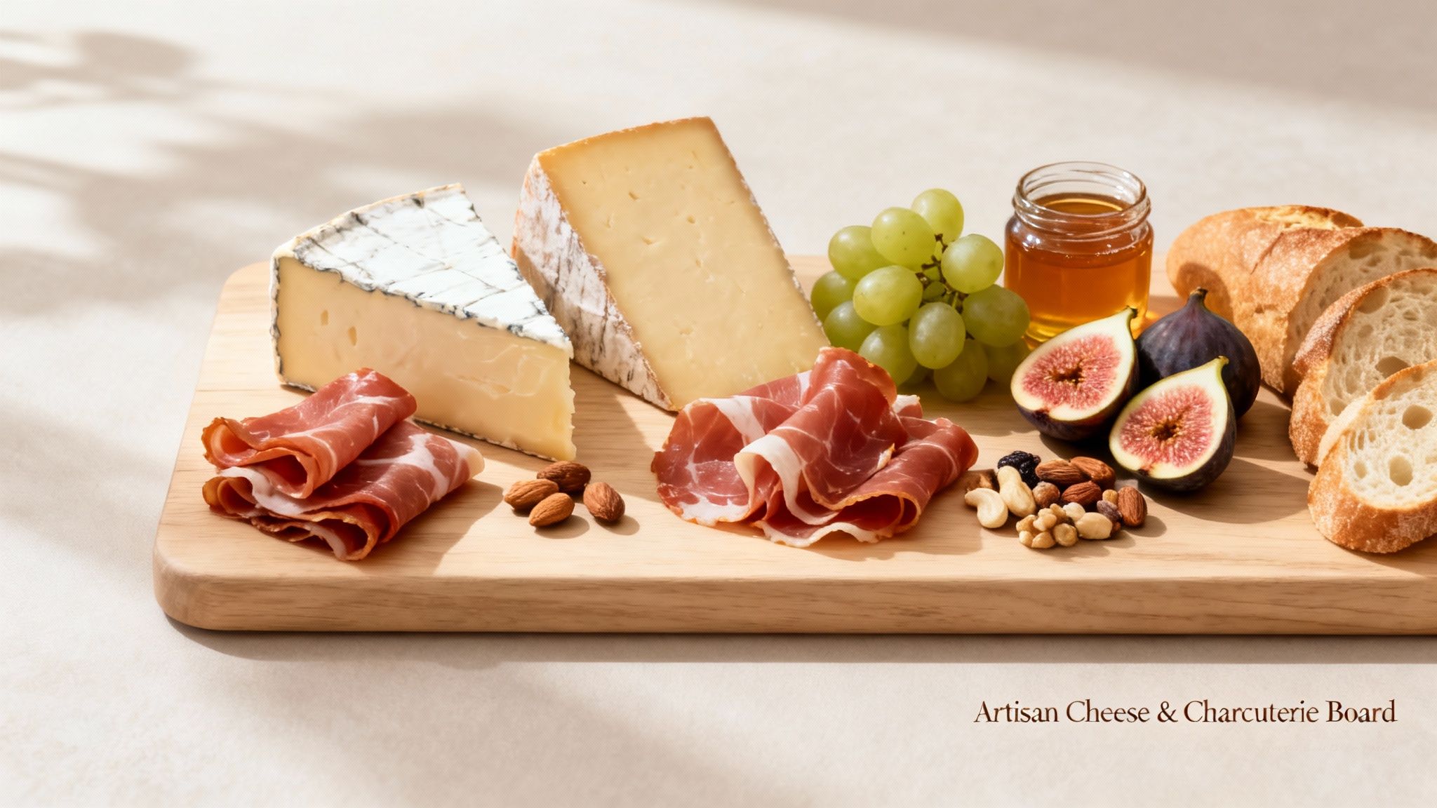 An artisan cheese and charcuterie board with two cheese wedges, prosciutto, grapes, figs, honey, nuts, and sliced bread.