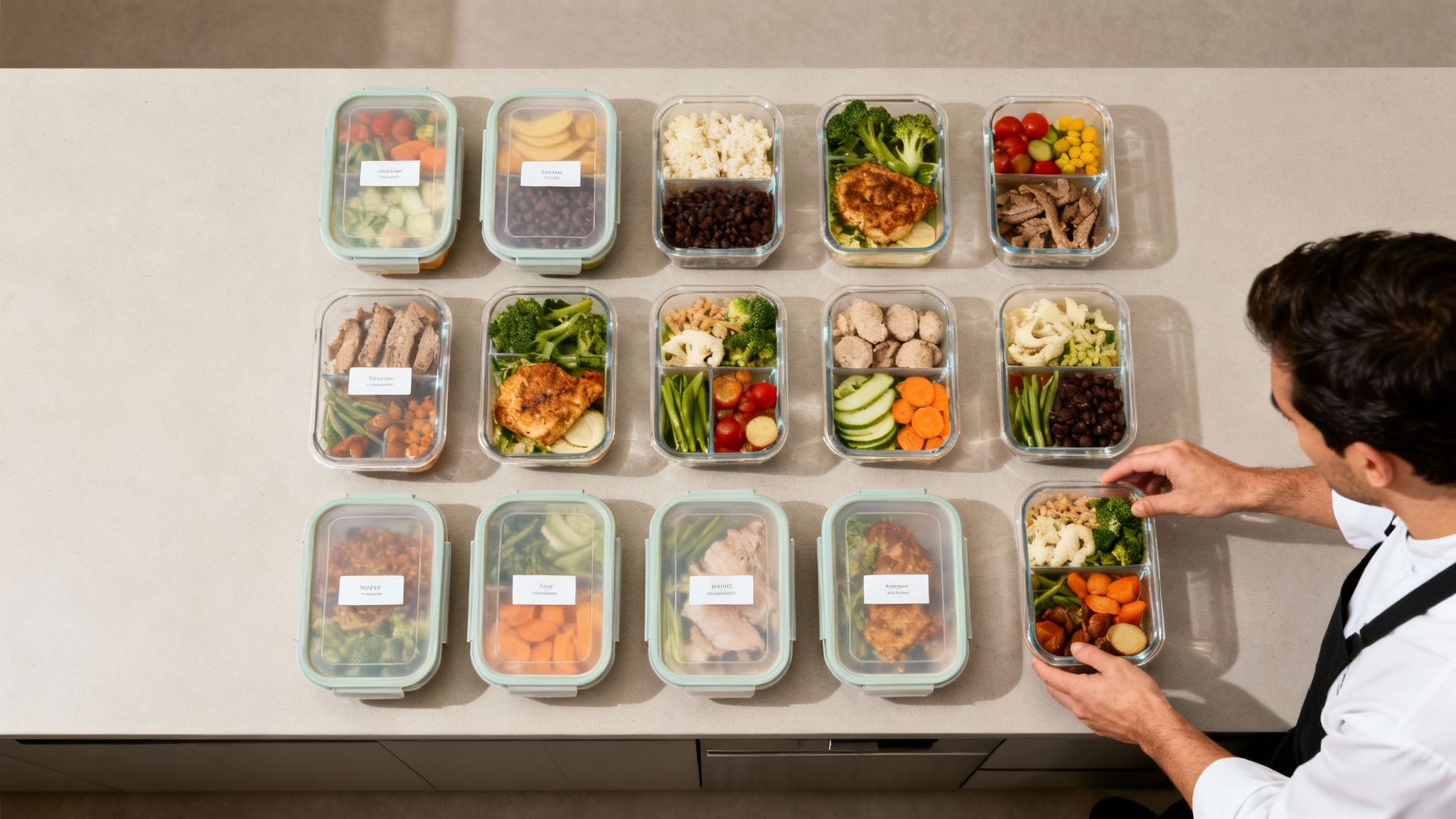 A person arranges numerous meal prep containers filled with healthy foods like chicken, vegetables, and rice on a kitchen counter.