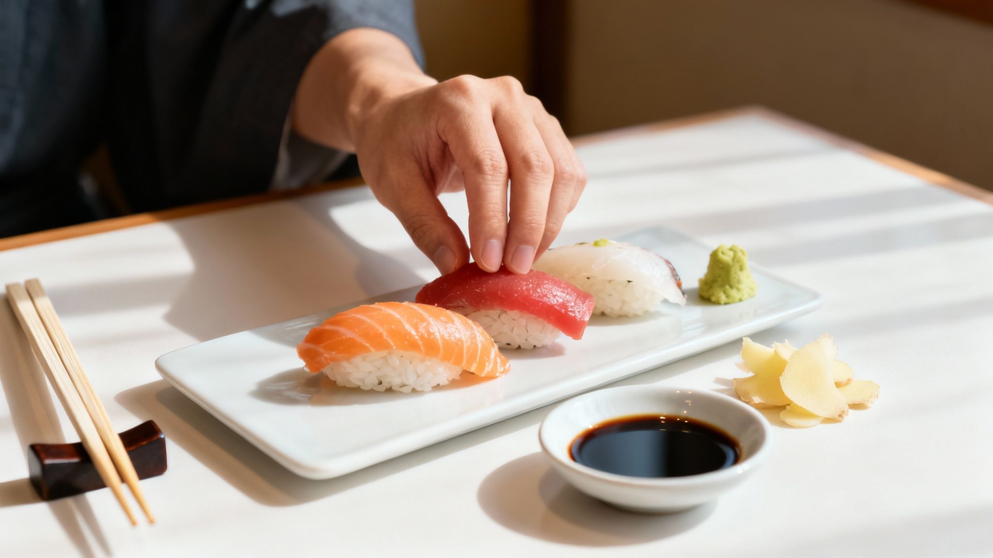 A person using chopsticks to pick up a piece of authentic Japanese sushi from a plate.