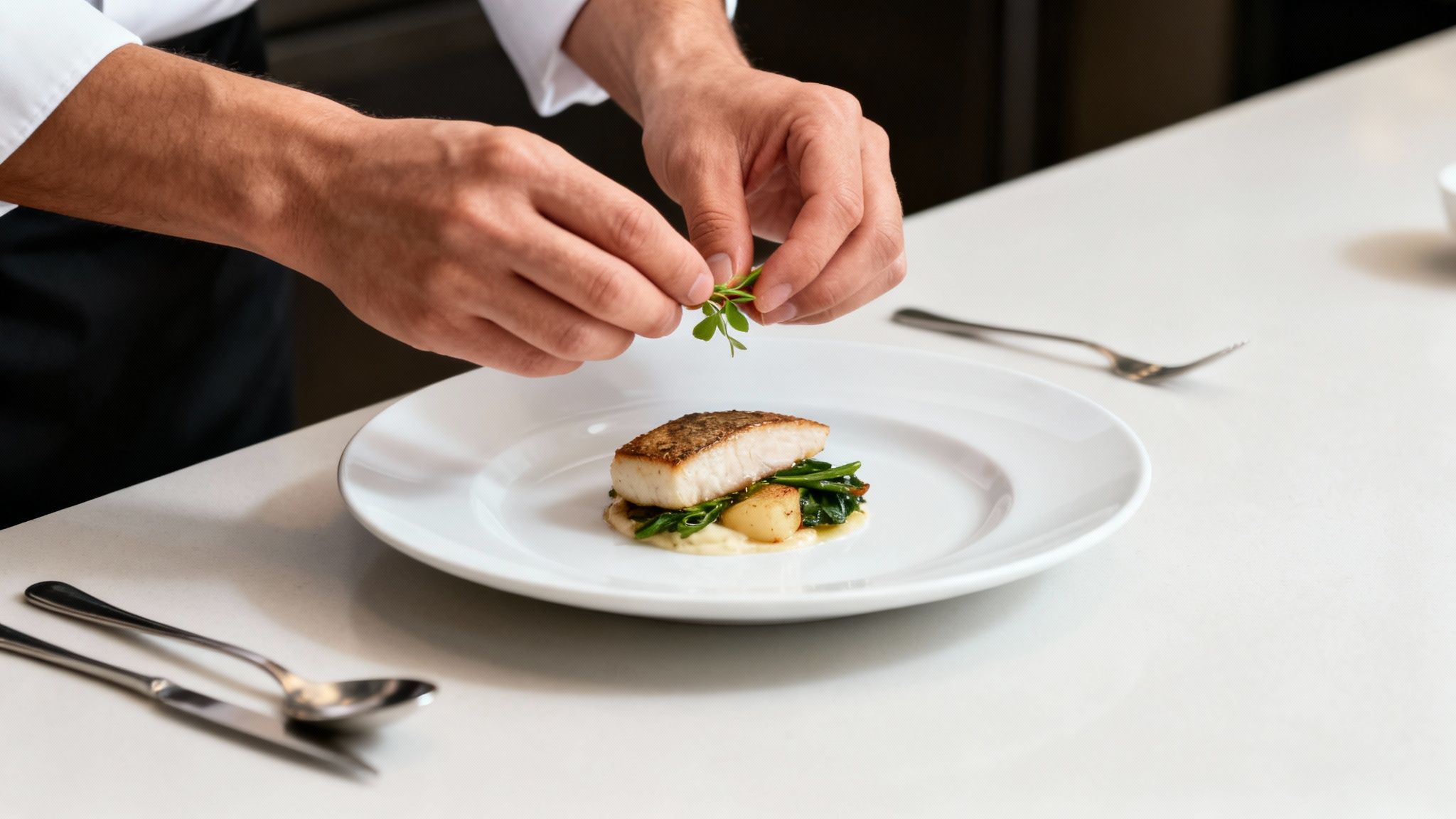 A chef's hands delicately garnish a pan-seared fish with fresh herbs on a white plate.