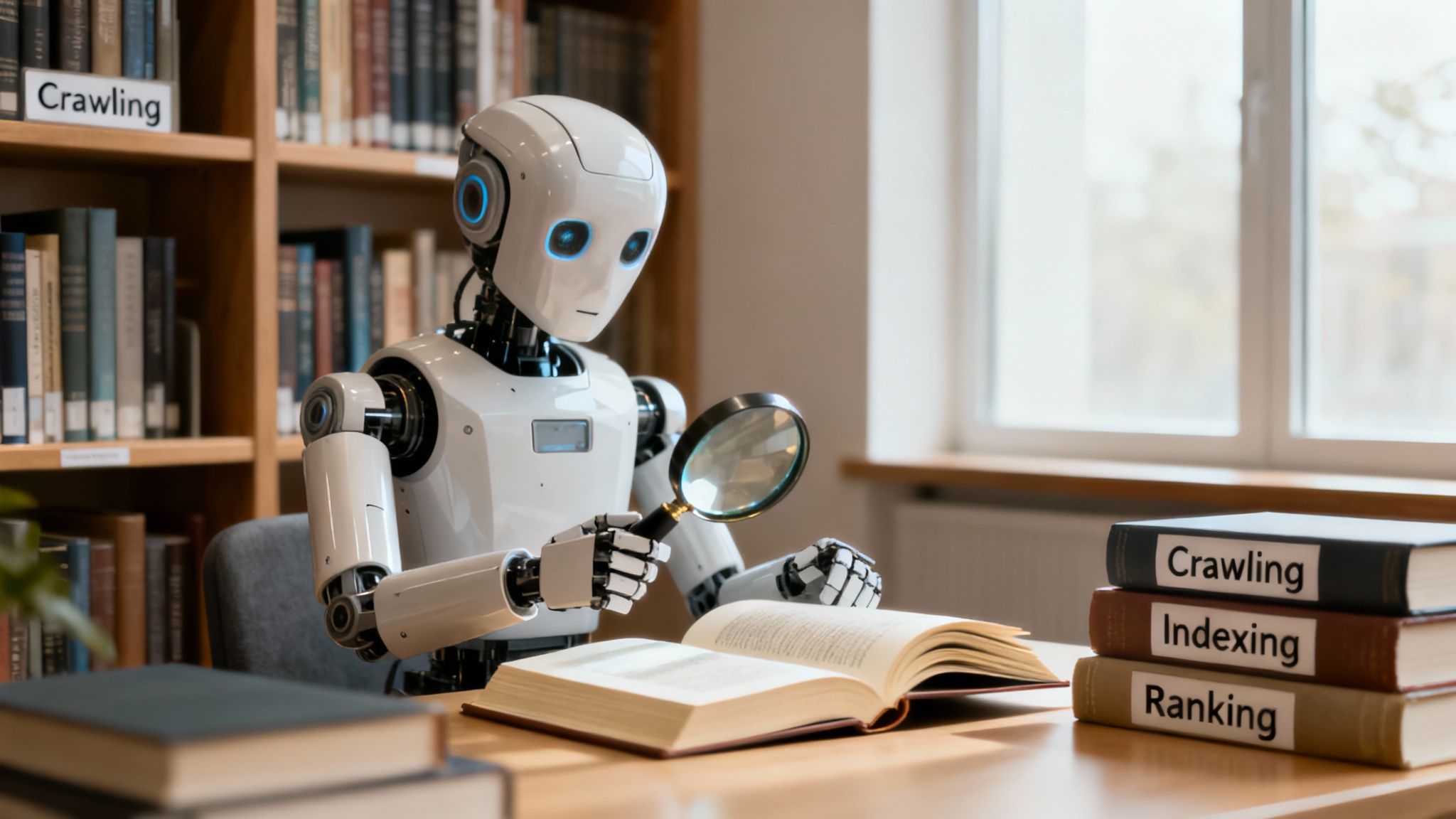 An illustration showing how search engines work with crawling, indexing, and ranking stages.