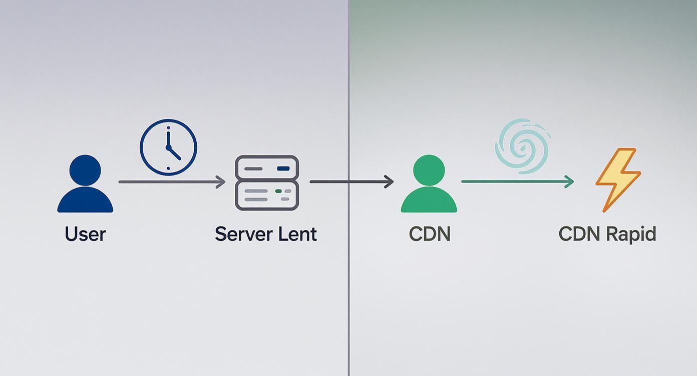 Firmă de hosting în București - Servicii Profesionale de Găzduire - BTS Telecom | Site-ul tău se încarcă greu? Un CDN explicat pe înțelesul tuturor Diagramă flux de date de la utilizator prin server lent, CDN și CDN Rapid