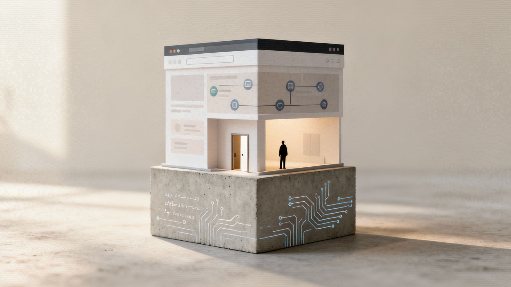 Model conceptual al infrastructurii tehnice SEO cu interfețe web, fluxuri de lucru și fundație digitală