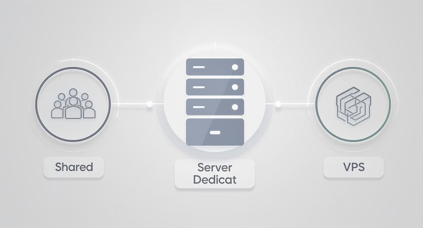 Imagine care compară tipurile de găzduire server: partajată, server dedicat și VPS.