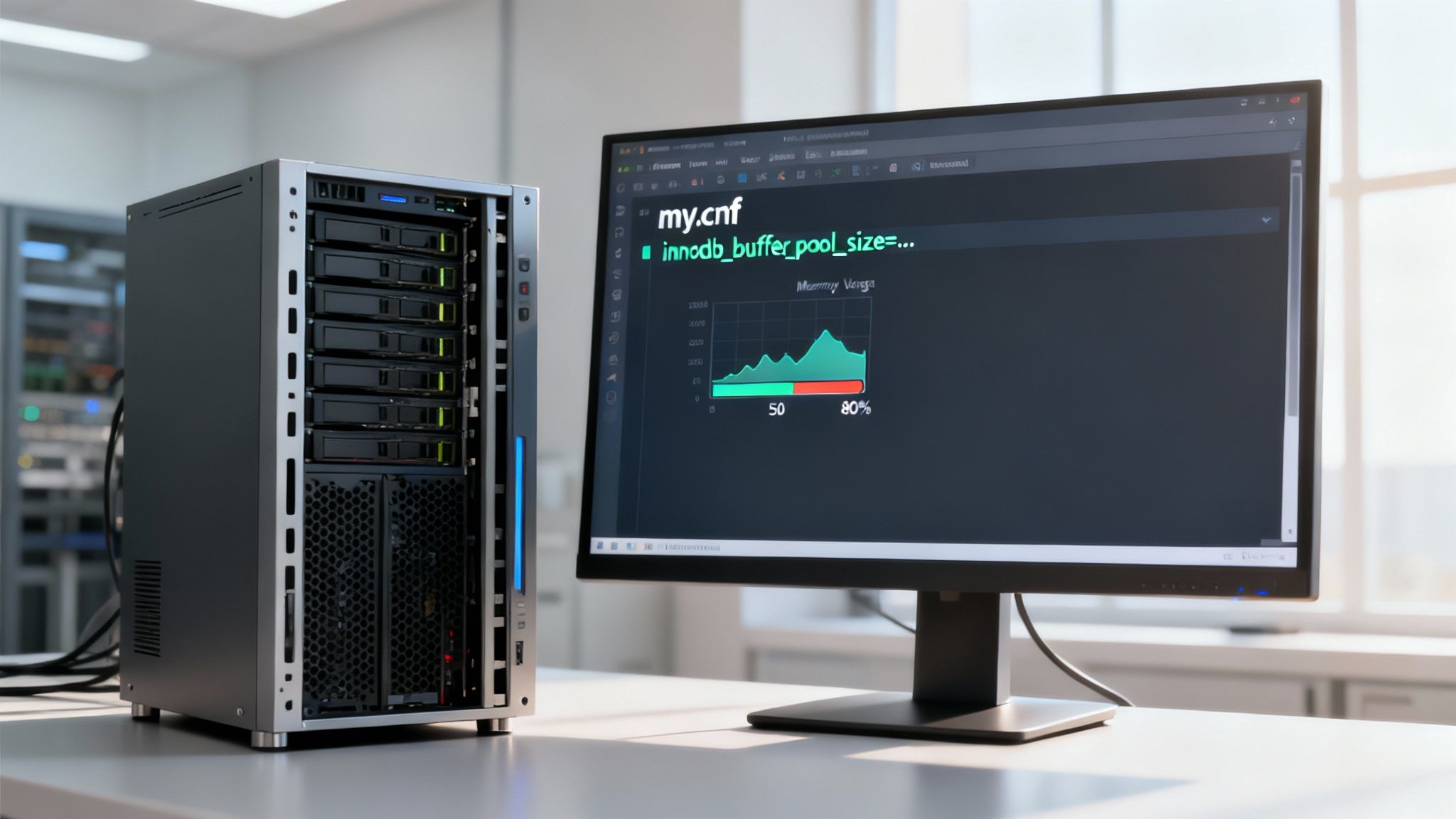 Firmă de hosting în București - Servicii Profesionale de Găzduire - BTS Telecom | Ghid tehnic de MySQL optimizare pentru viteză maximă Server rack și monitor afișând optimizări MySQL pentru performanță într-un mediu IT.