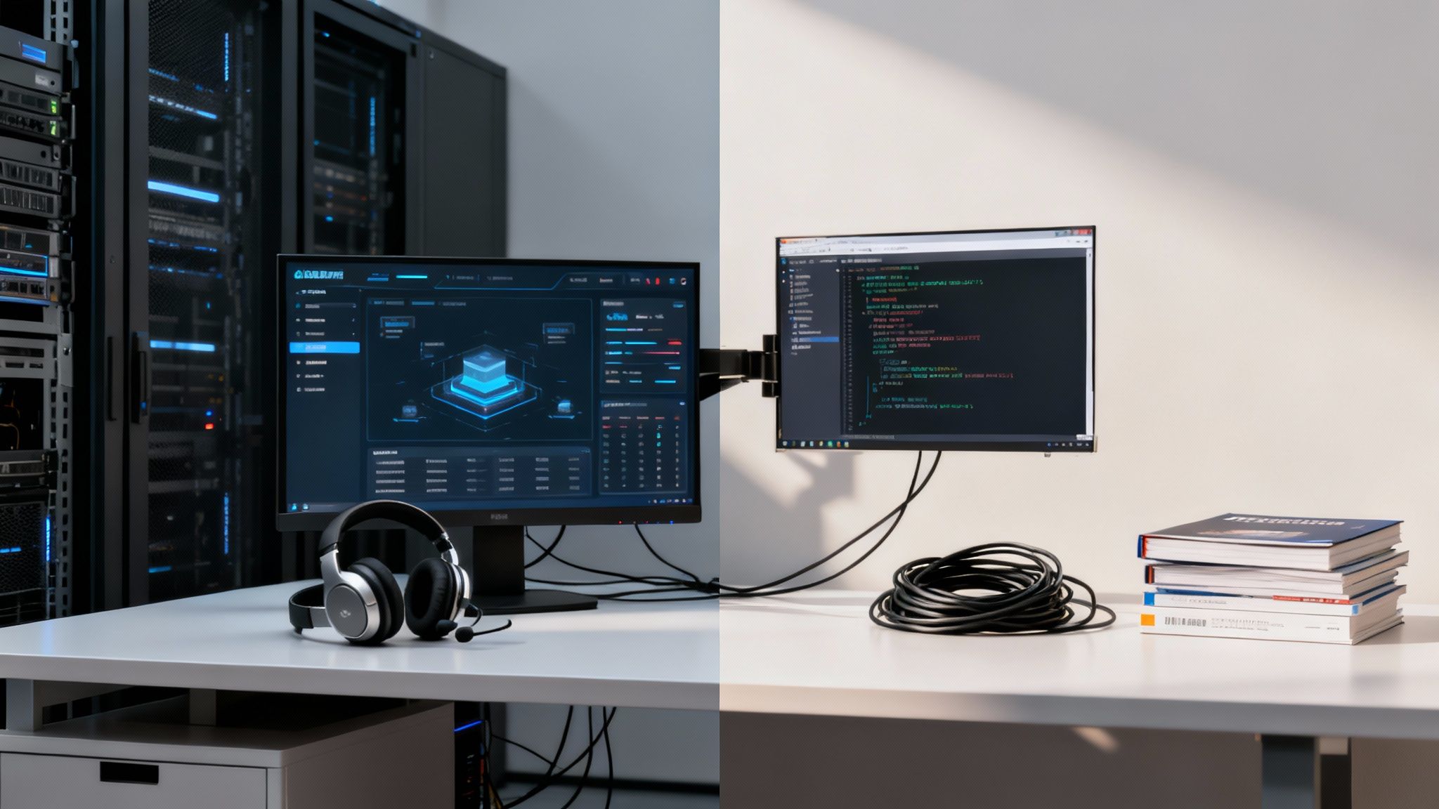 O cameră de servere modernă și un birou cu monitoare, căști și cărți, pentru un mediu de lucru IT.