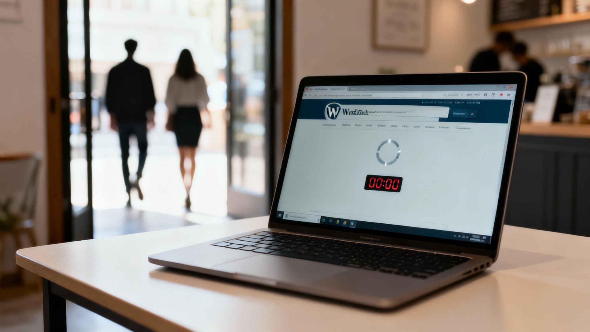 Un laptop deschis pe o masă, afișând un site WordPress cu un cronometru de 00:00 și un indicator de încărcare. Persoane în fundal.