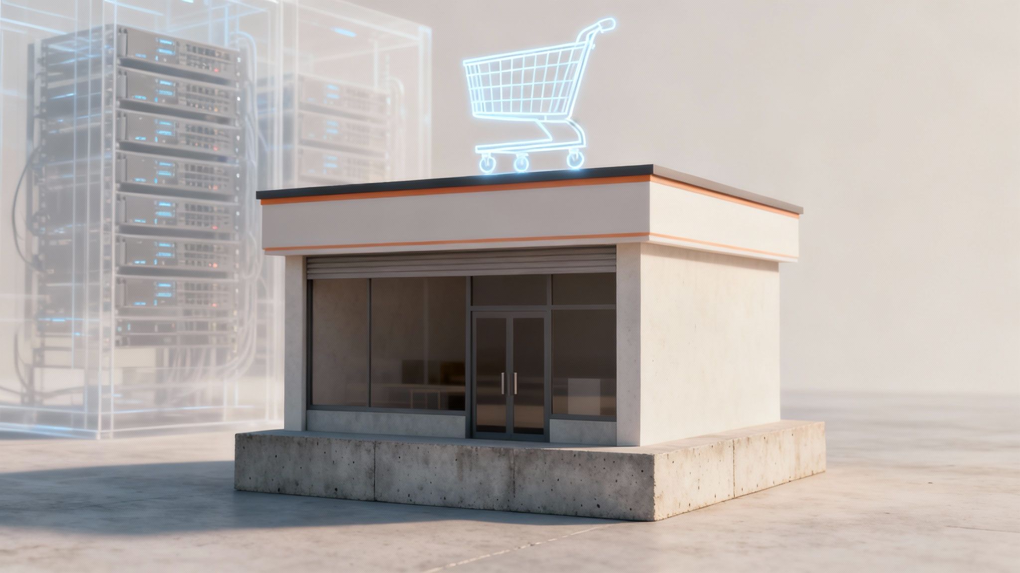 Magazin online modern cu coș de coș de cumpărături luminos și servere transparente în fundal.