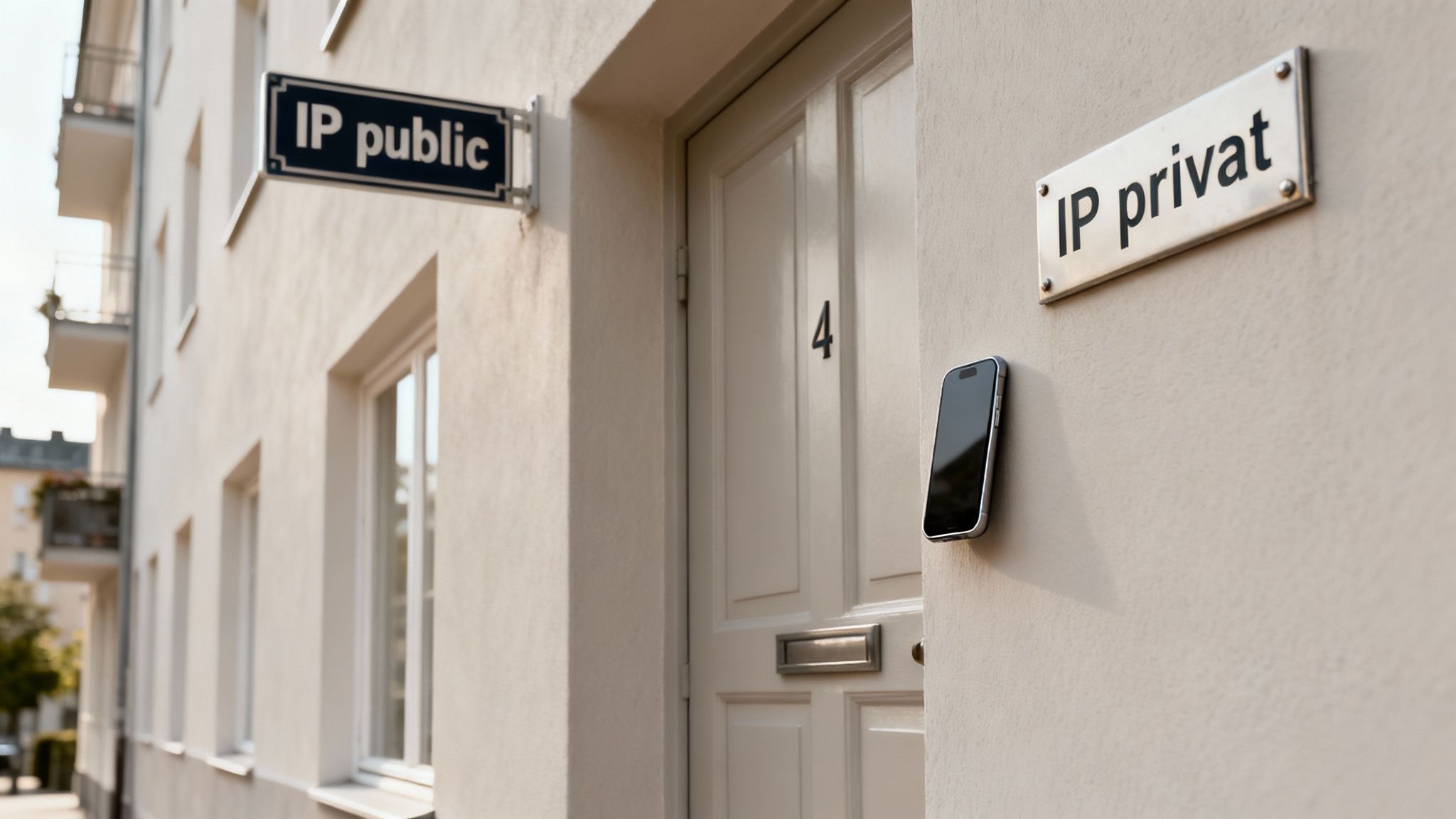 Diagramă care arată o adresă IP publică pentru rețeaua principală și adrese IP private pentru dispozitivele individuale conectate la aceasta.