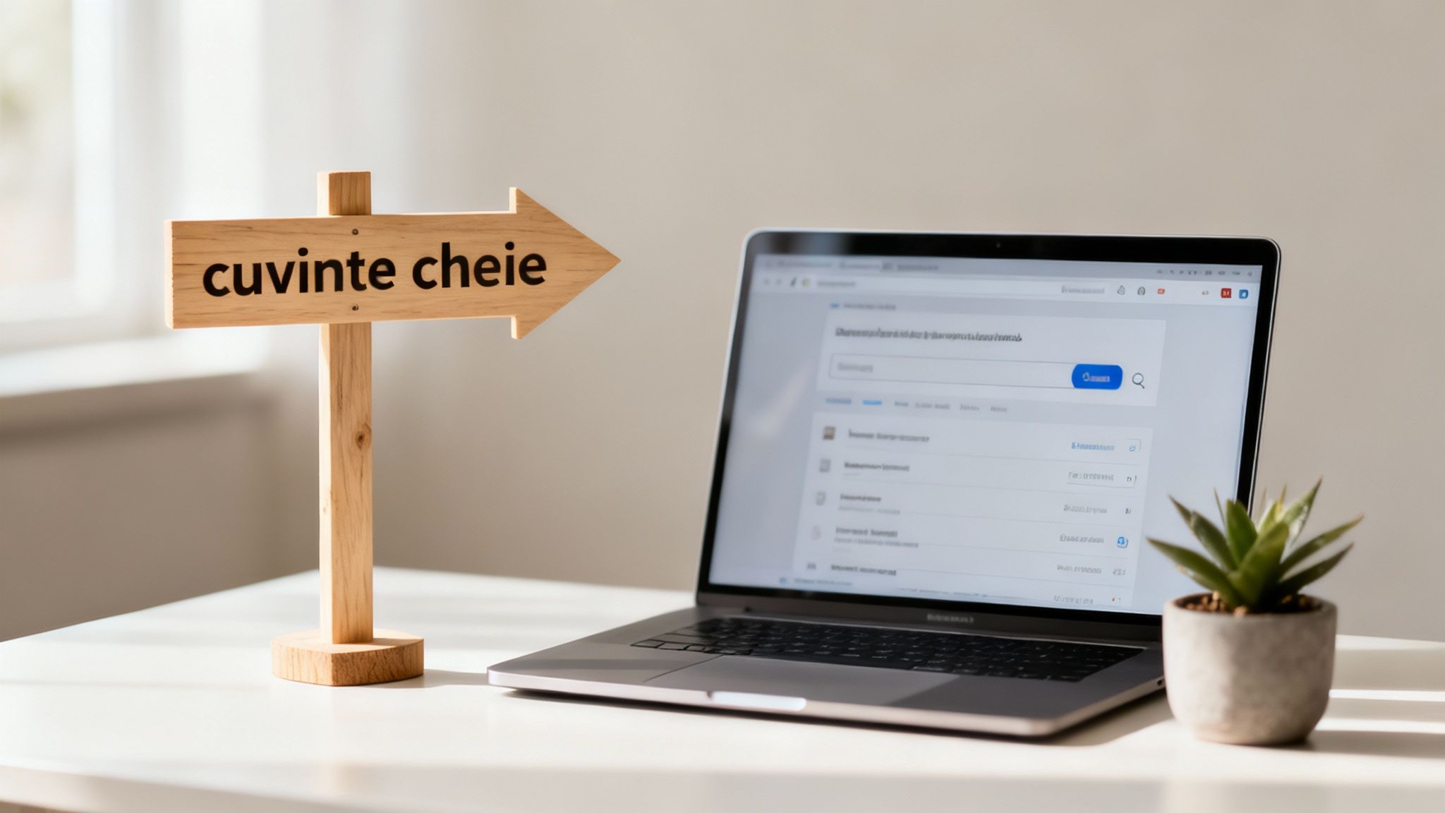 O ilustrație cu o cheie decorată cu pictograme digitale, simbolizând rolul central al cuvintelor cheie în deblocarea vizibilități online.